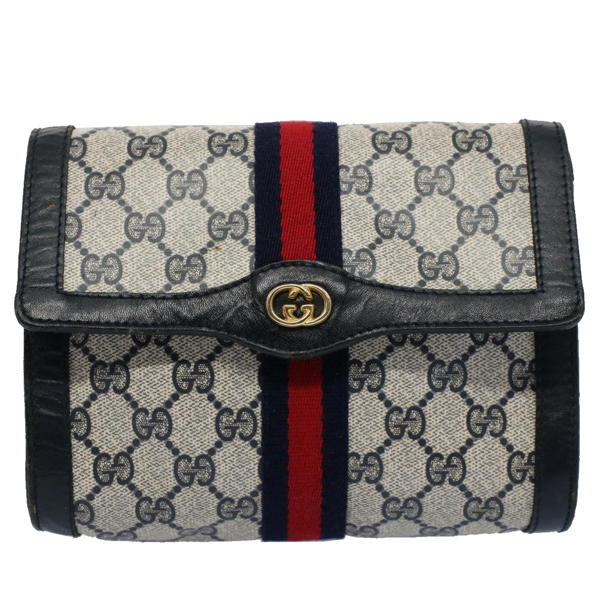 GUCCI GG Canvas Sherry Line Clutch Bag PVC Leather Gray Red Navy Auth ep1790