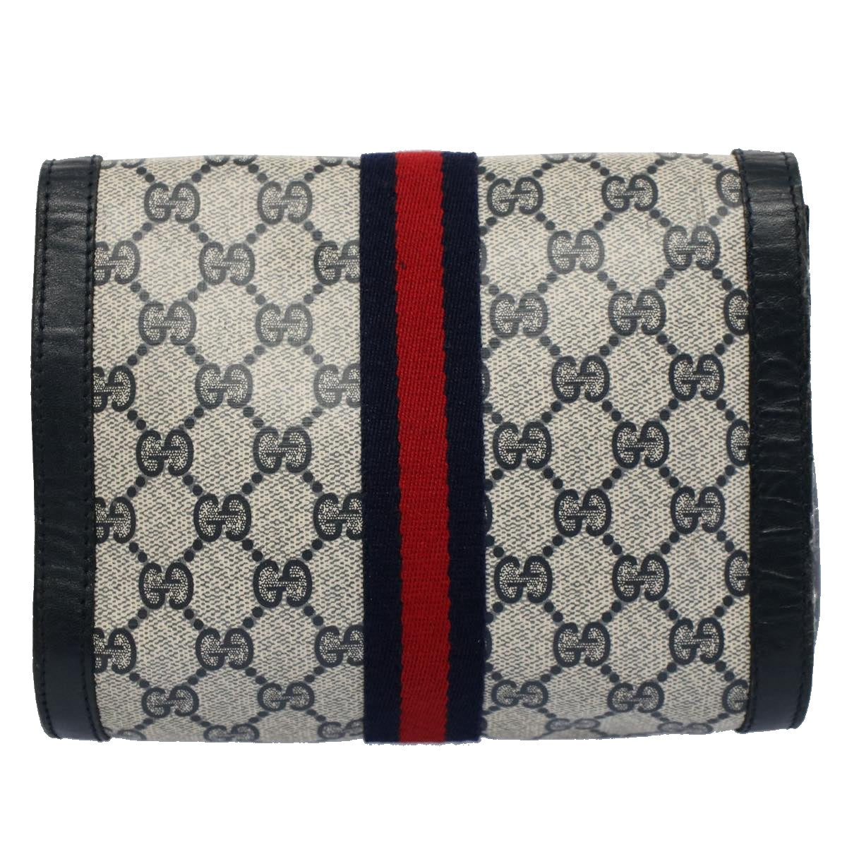 GUCCI GG Canvas Sherry Line Clutch Bag PVC Leather Gray Red Navy Auth ep1790