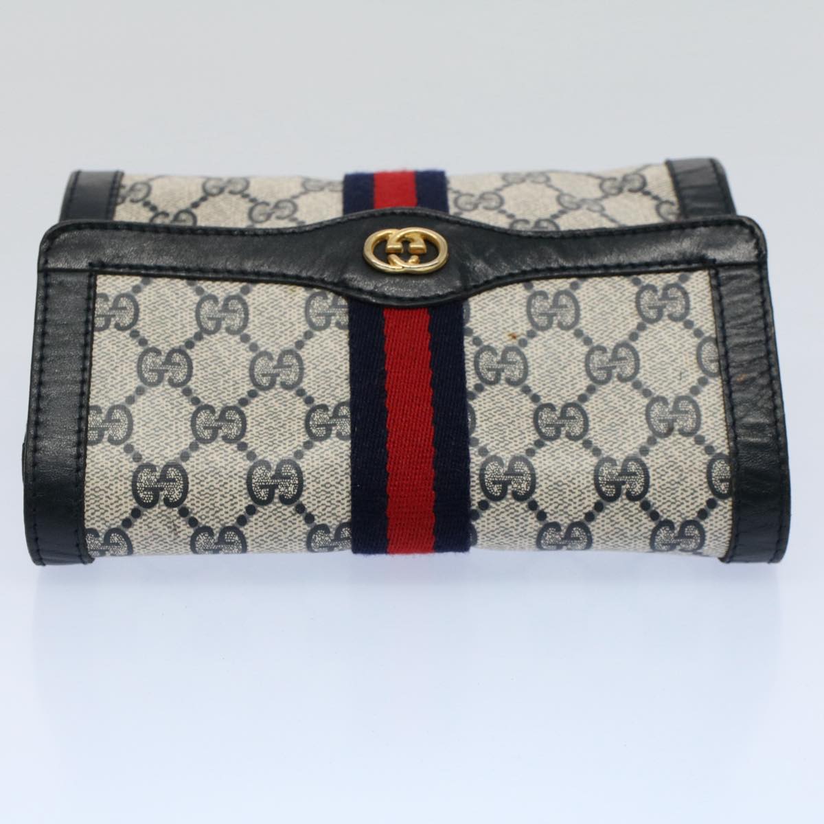 GUCCI GG Canvas Sherry Line Clutch Bag PVC Leather Gray Red Navy Auth ep1790