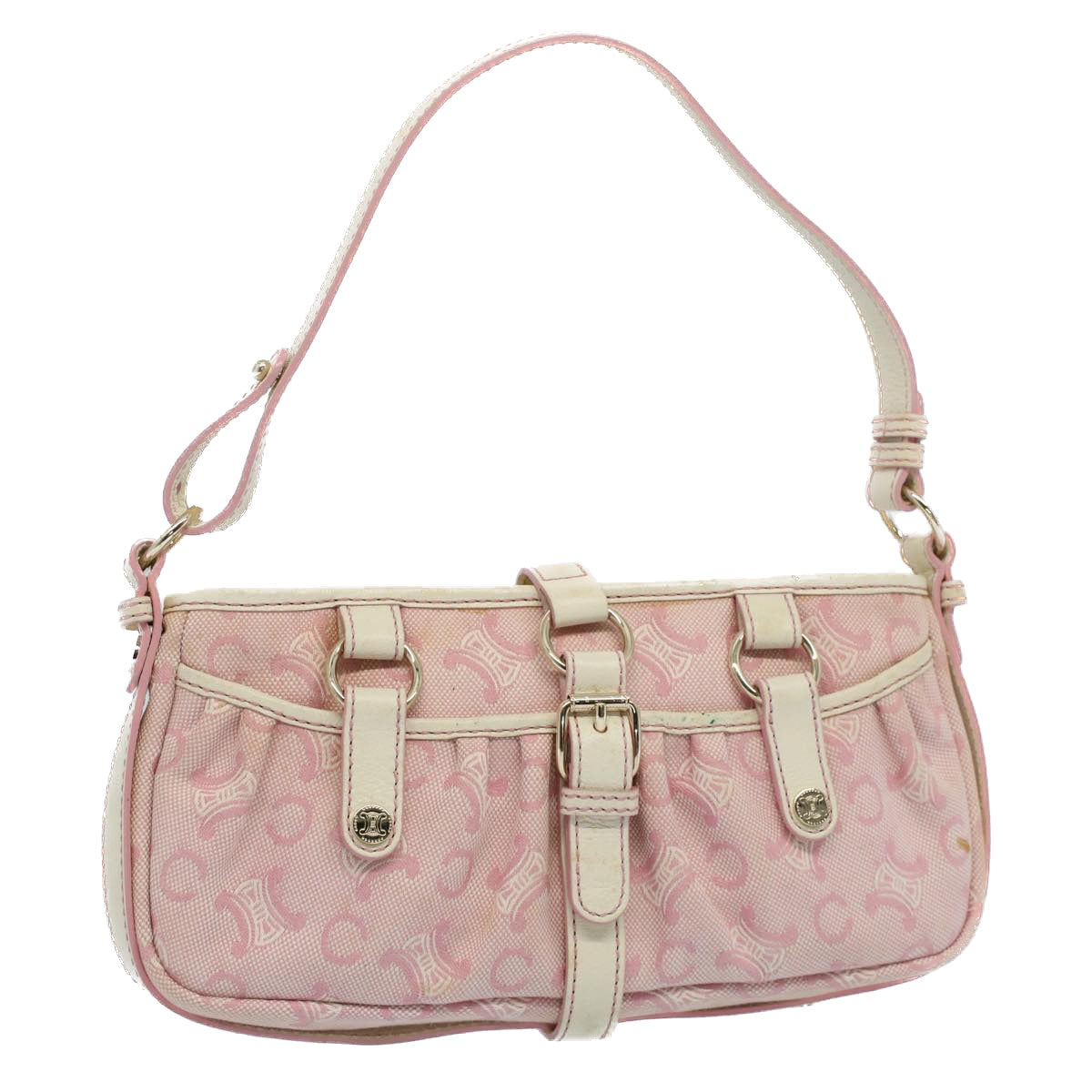 CELINE C Macadam Canvas Shoulder Bag Leather Pink Auth ep1844