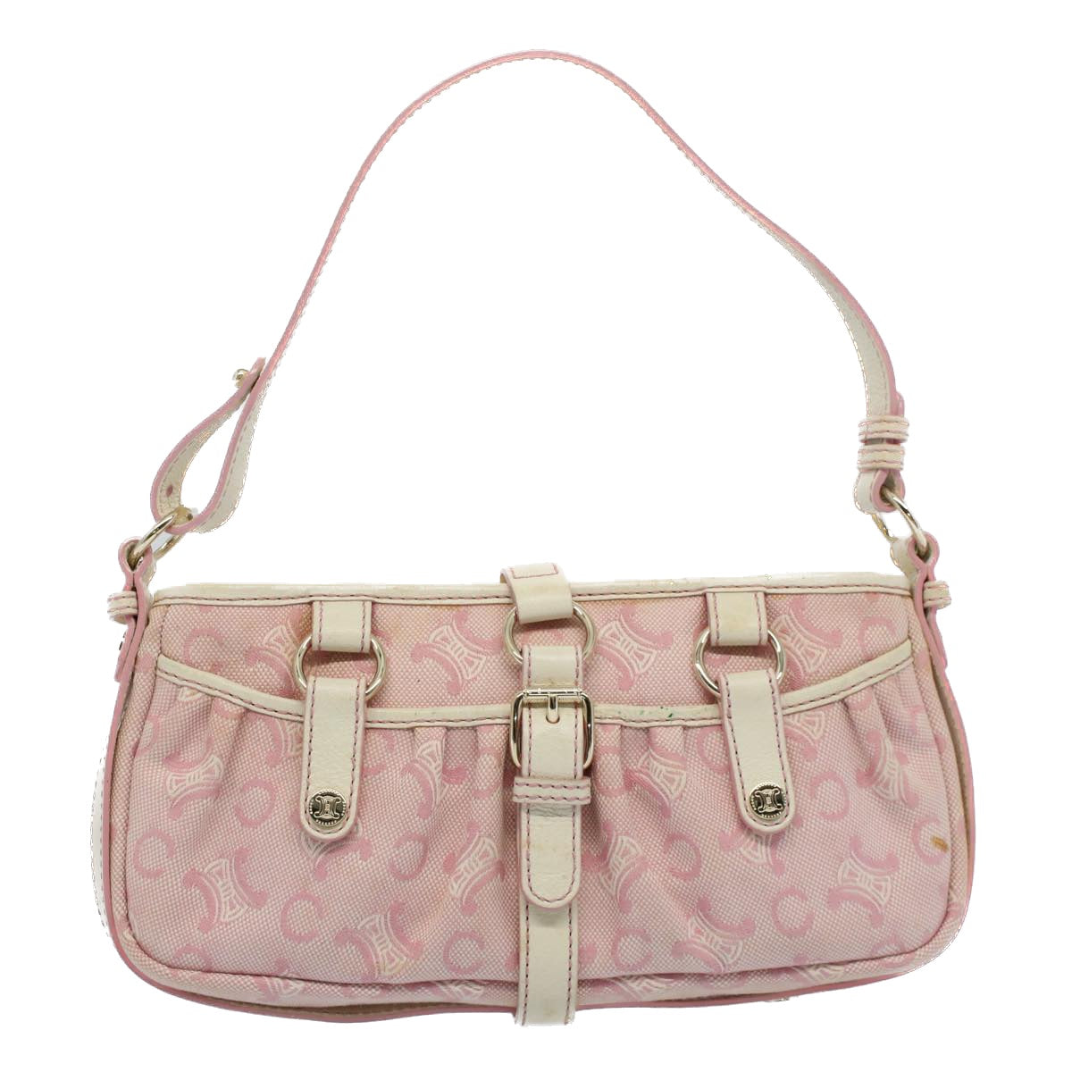 CELINE C Macadam Canvas Shoulder Bag Leather Pink Auth ep1844