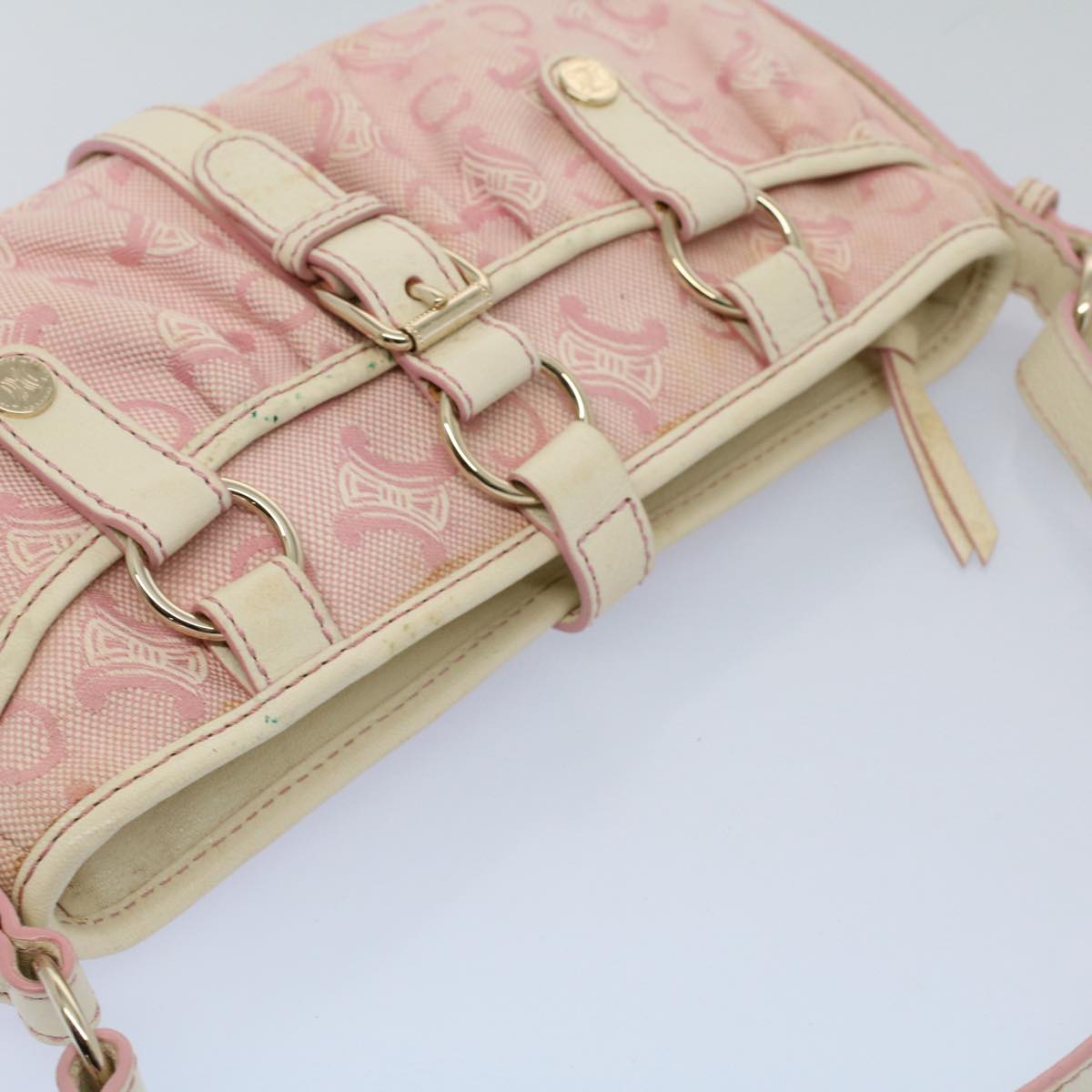 CELINE C Macadam Canvas Shoulder Bag Leather Pink Auth ep1844