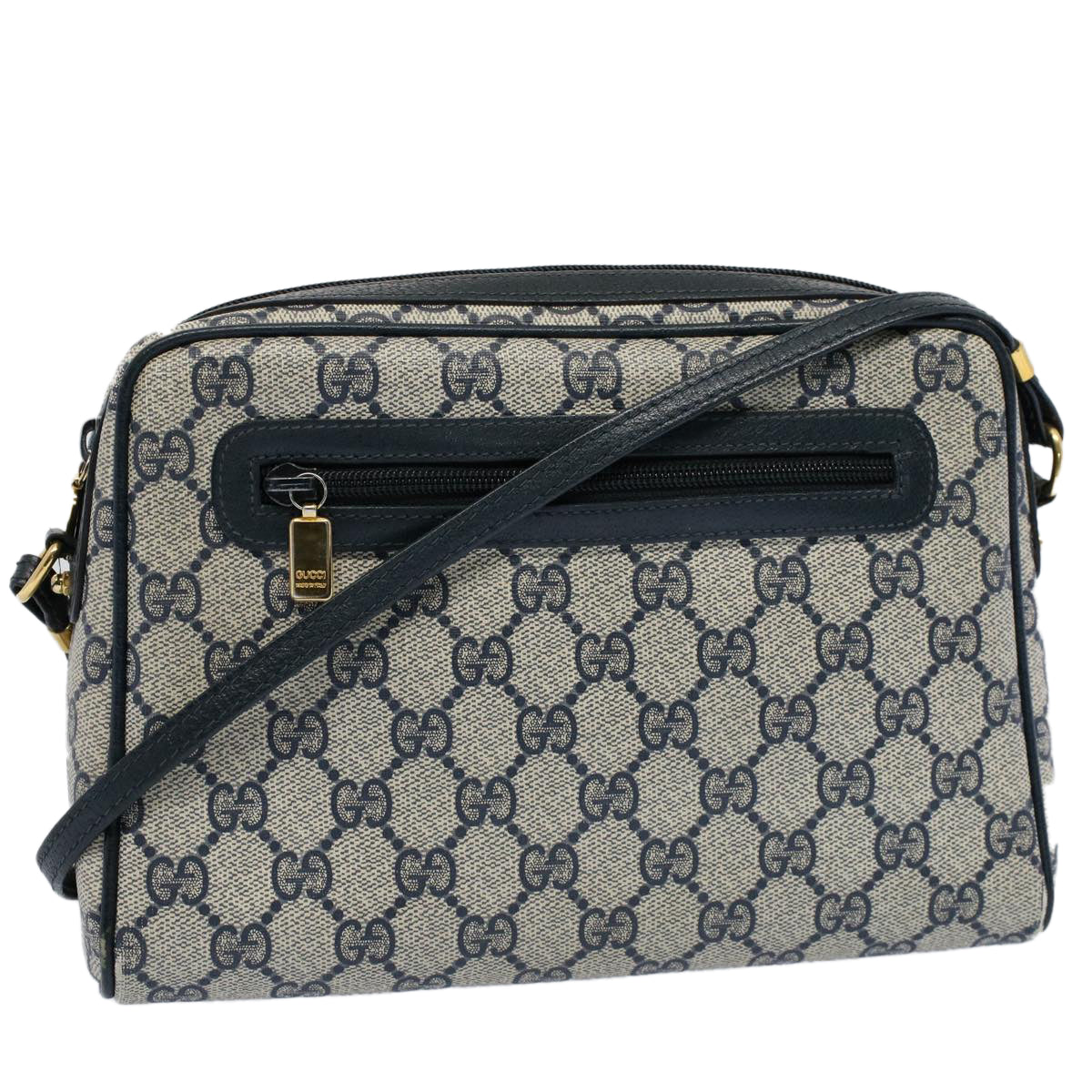 GUCCI GG Canvas Shoulder Bag PVC Leather Gray Navy Auth ep1896