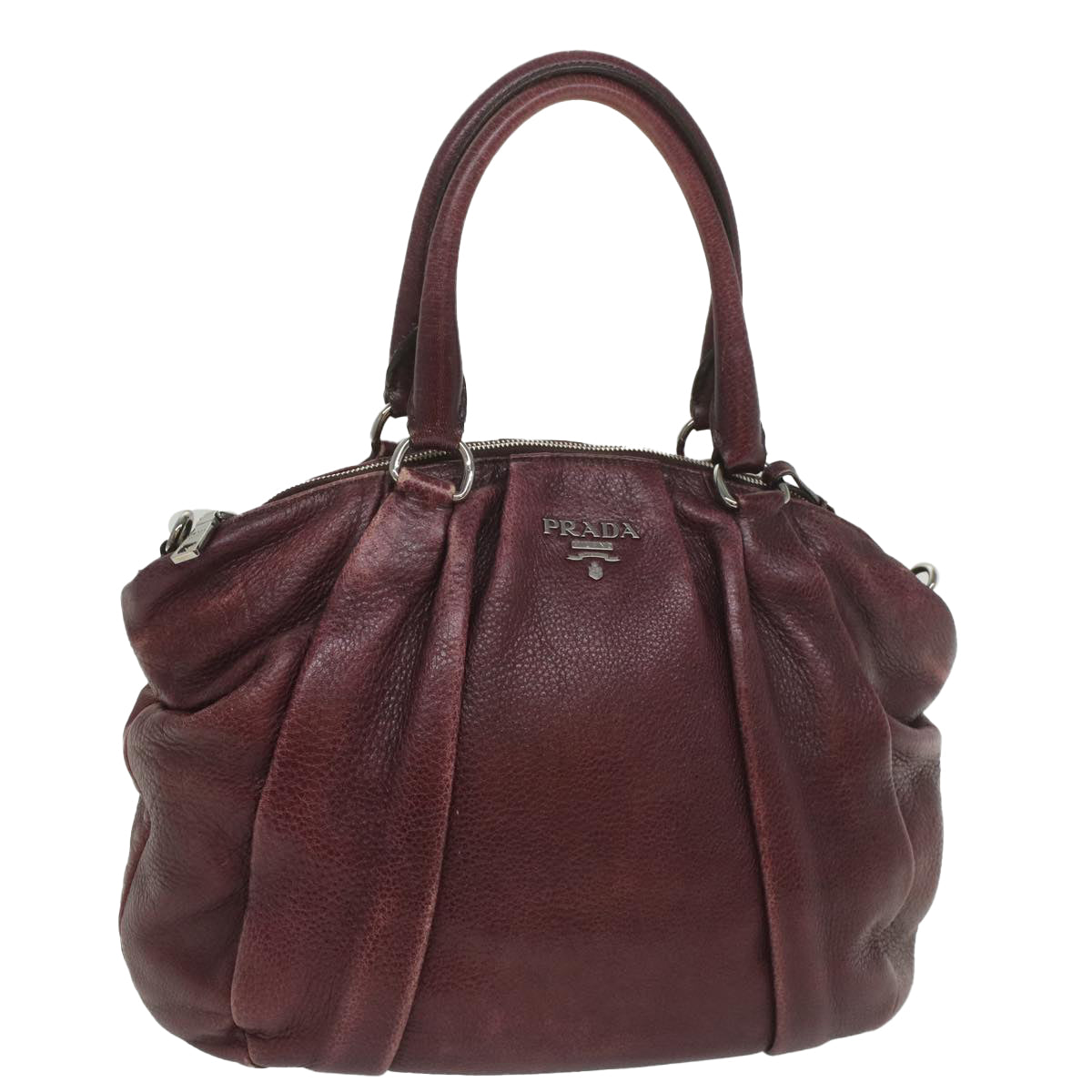 PRADA Hand Bag Leather Wine Red Auth ep1923