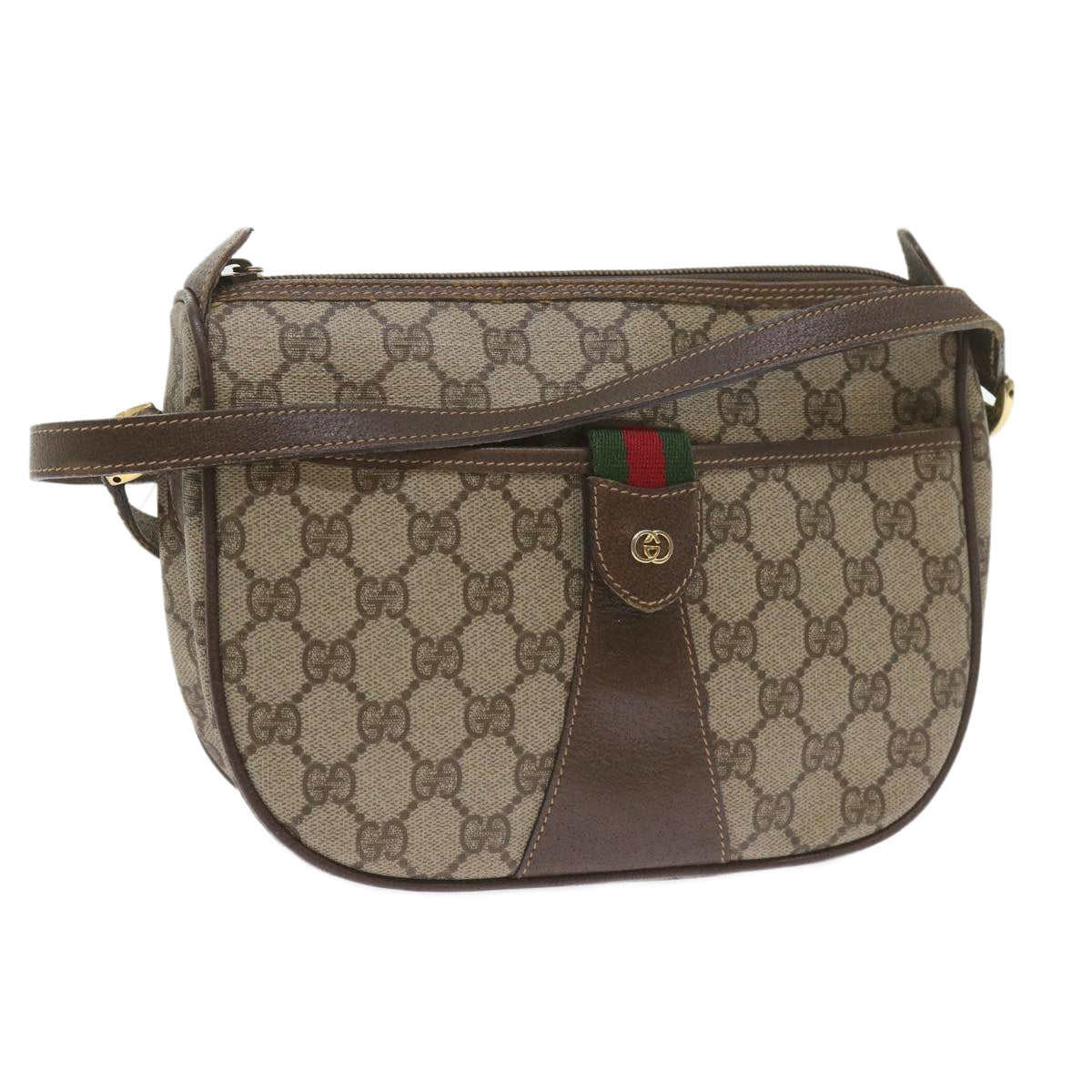 GUCCI GG Canvas Web Sherry Line Shoulder Bag PVC Leather Beige Green Auth ep2244