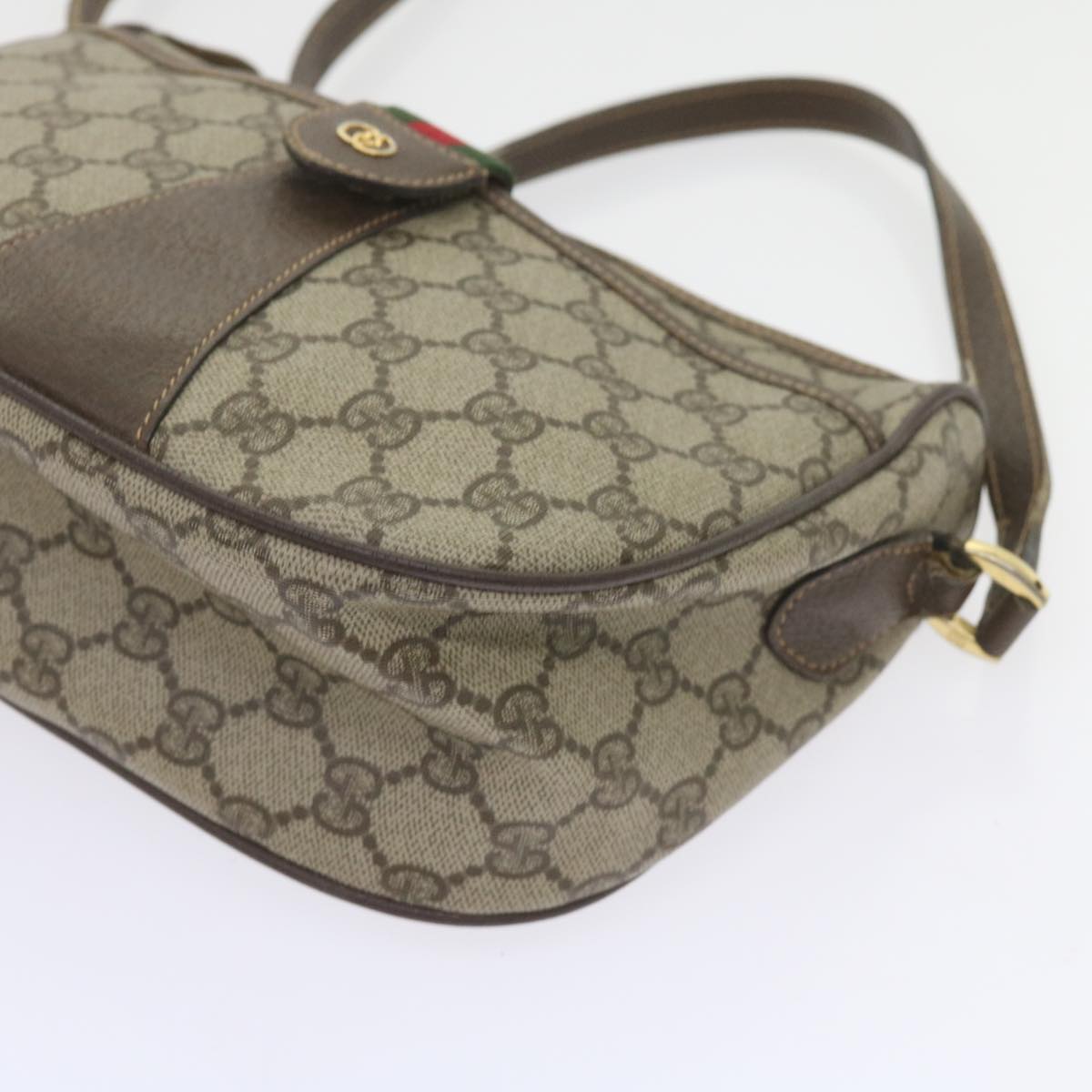 GUCCI GG Canvas Web Sherry Line Shoulder Bag PVC Leather Beige Green Auth ep2244