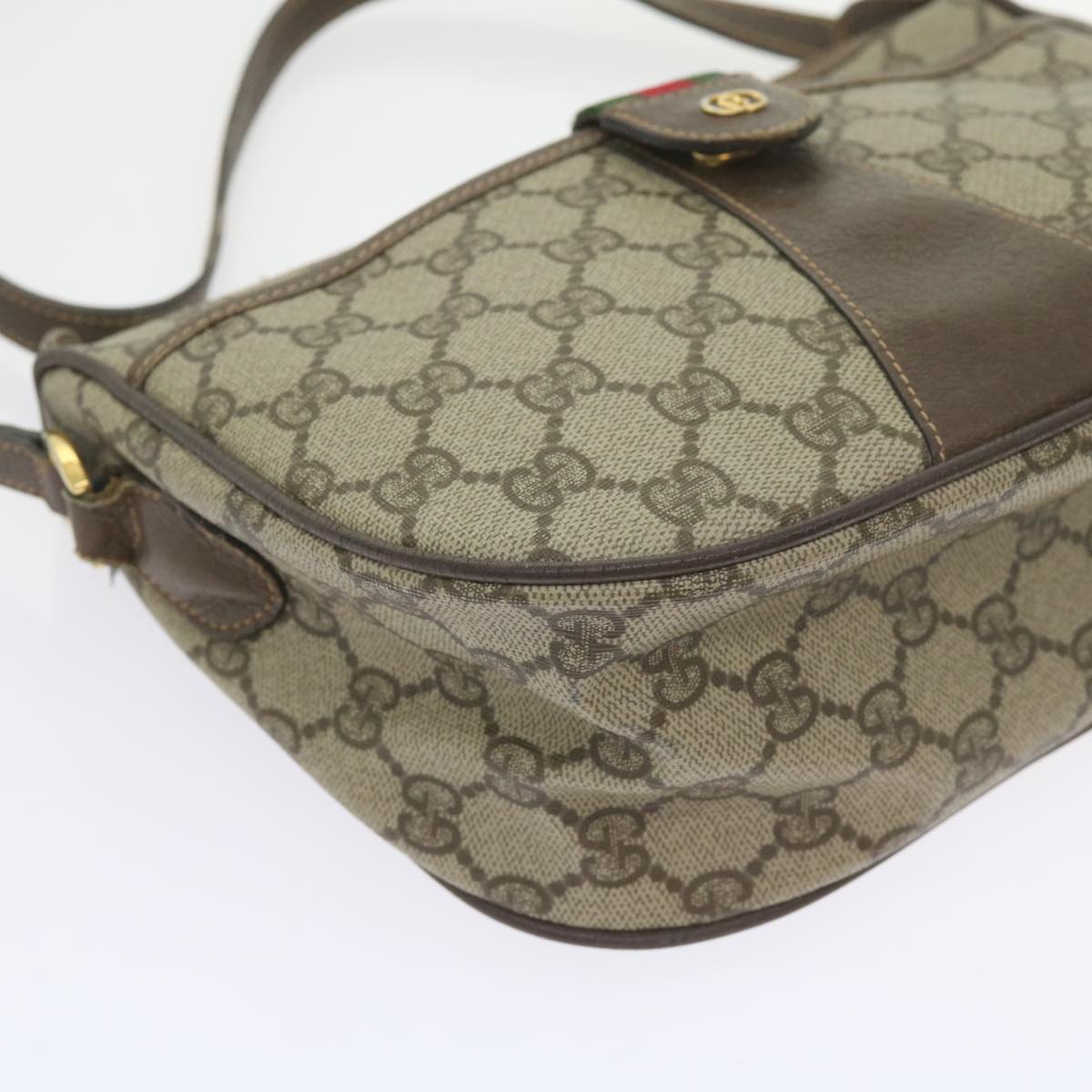 GUCCI GG Canvas Web Sherry Line Shoulder Bag PVC Leather Beige Green Auth ep2244