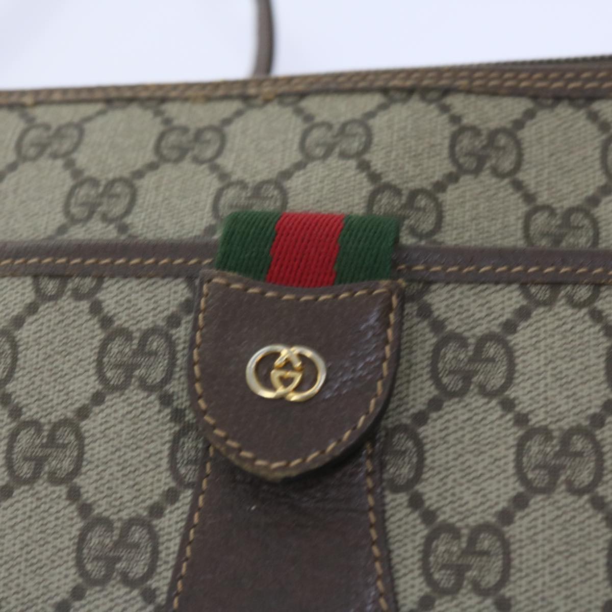 GUCCI GG Canvas Web Sherry Line Shoulder Bag PVC Leather Beige Green Auth ep2244