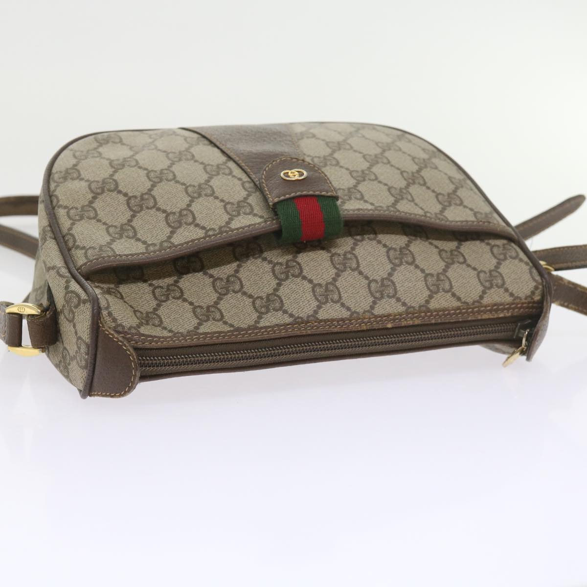 GUCCI GG Canvas Web Sherry Line Shoulder Bag PVC Leather Beige Green Auth ep2244