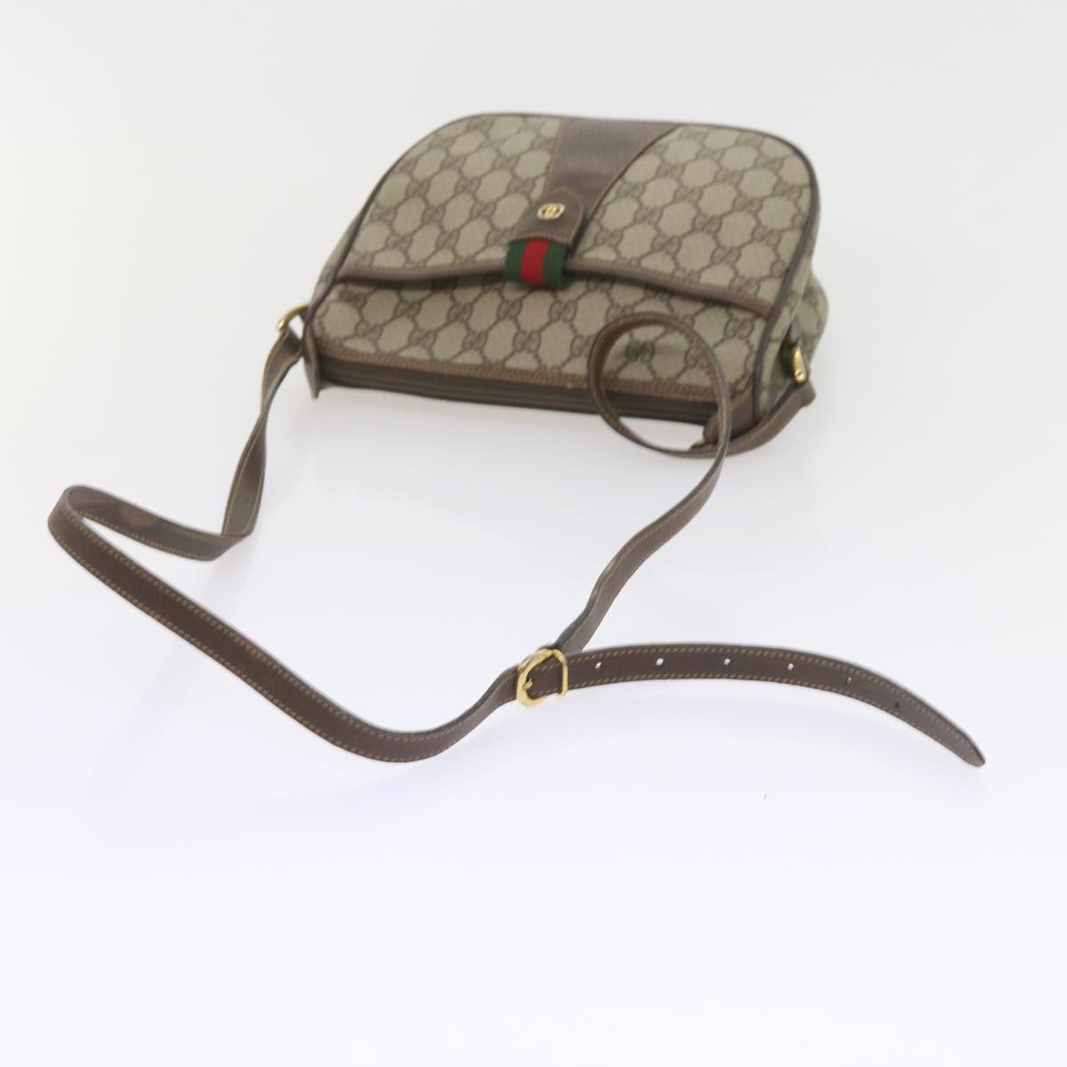 GUCCI GG Canvas Web Sherry Line Shoulder Bag PVC Leather Beige Green Auth ep2244