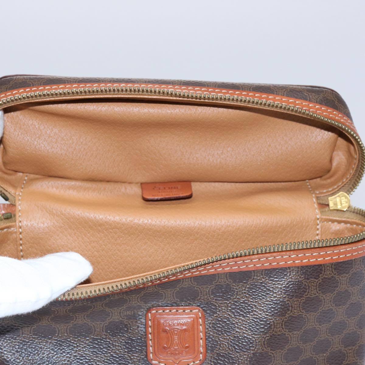 CELINE Macadam Canvas Hand Bag PVC Leather Brown Auth ep2706