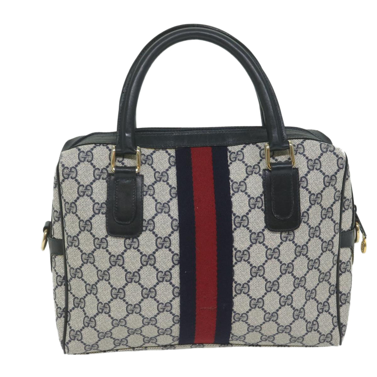 GUCCI GG Supreme Sherry Line Boston Bag PVC Leather Red Navy Auth ep2786 - 0