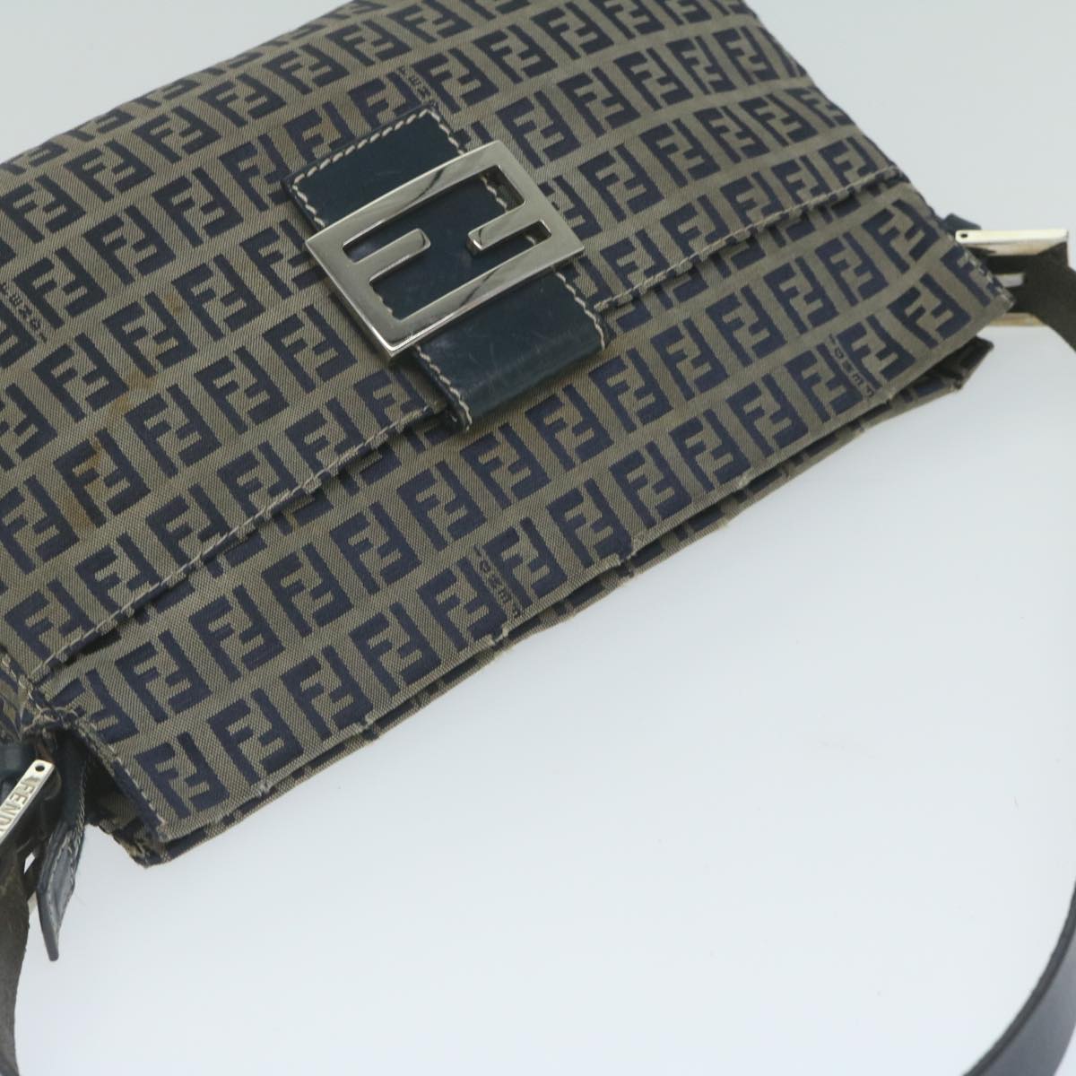 FENDI Zucchino Canvas Mamma Baguette Shoulder Bag Navy Auth ep2842