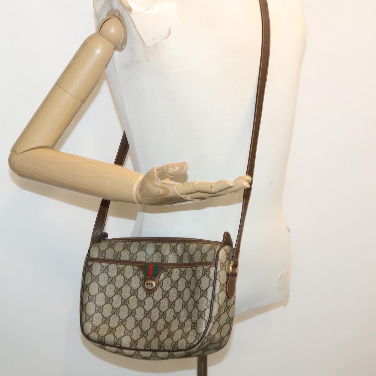 GUCCI Web Sherry Line GG Canvas Shoulder Bag PVC Leather Beige Green Auth ep425