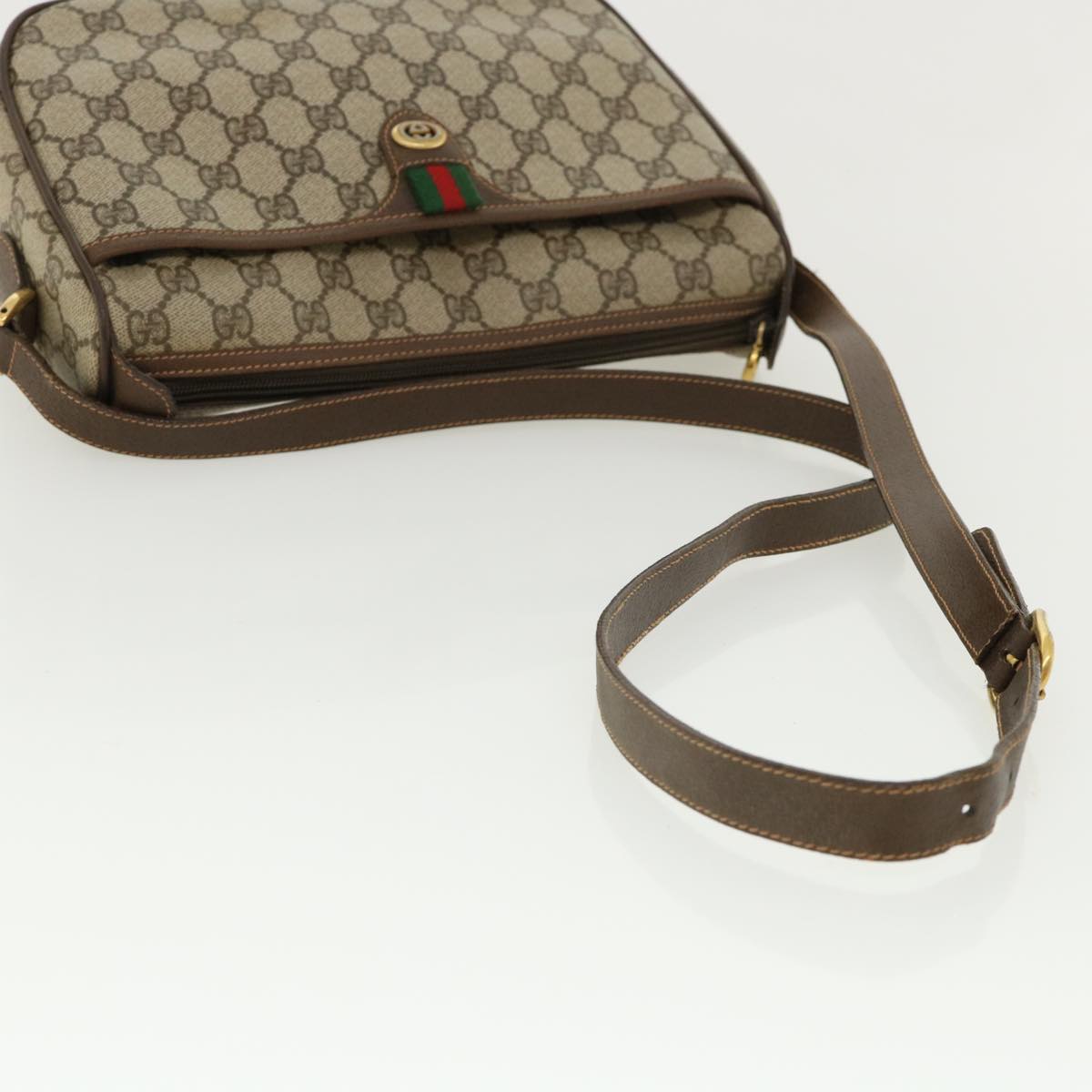 GUCCI Web Sherry Line GG Canvas Shoulder Bag PVC Leather Beige Green Auth ep425