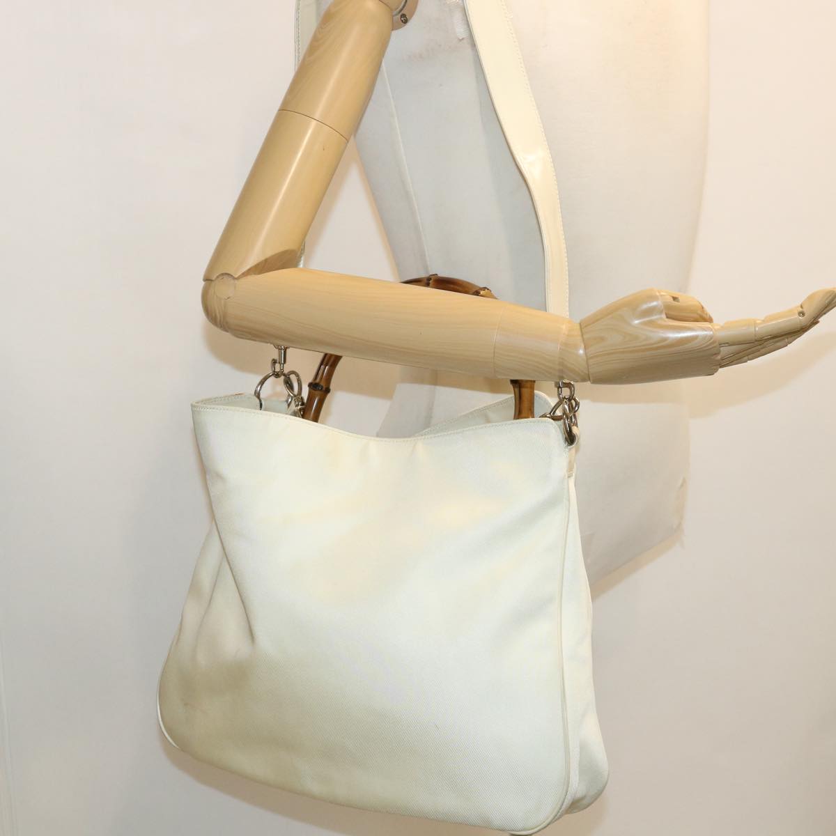 GUCCI Bamboo Shoulder Bag Canvas 2way White 1577 Auth ep700