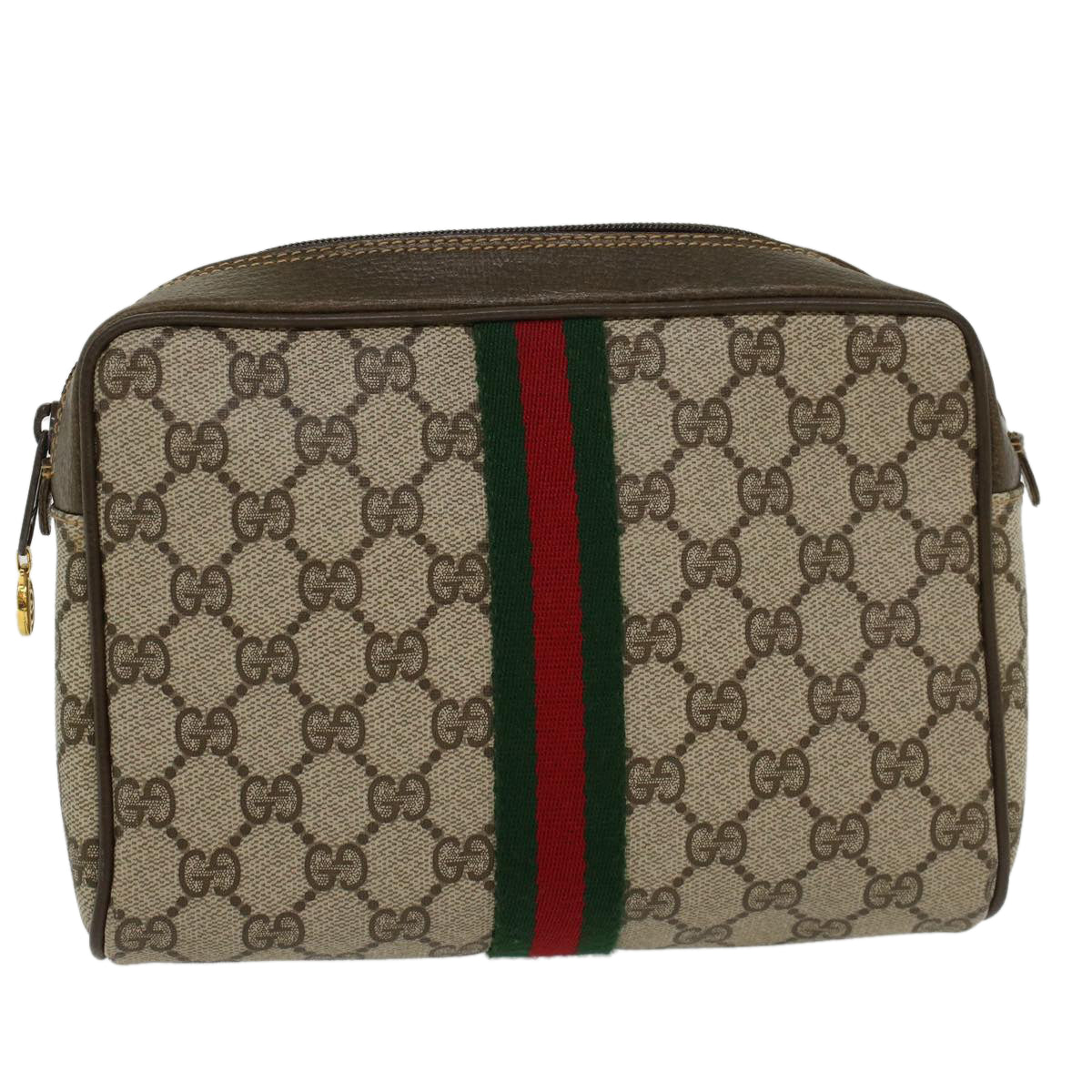 GUCCI GG Canvas Web Sherry Line Clutch Bag PVC Leather Beige Red Auth ep886