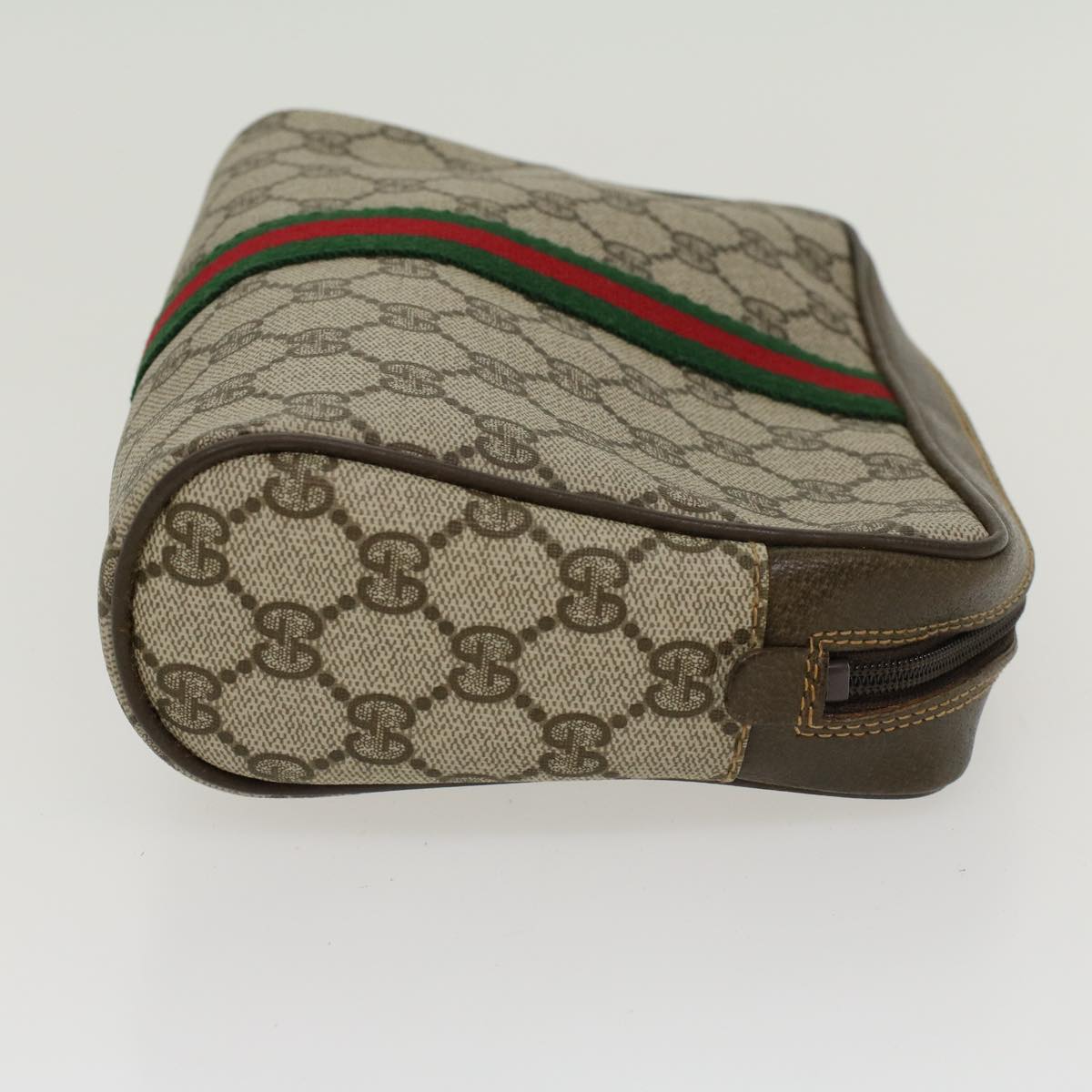 GUCCI GG Canvas Web Sherry Line Clutch Bag PVC Leather Beige Red Auth ep886