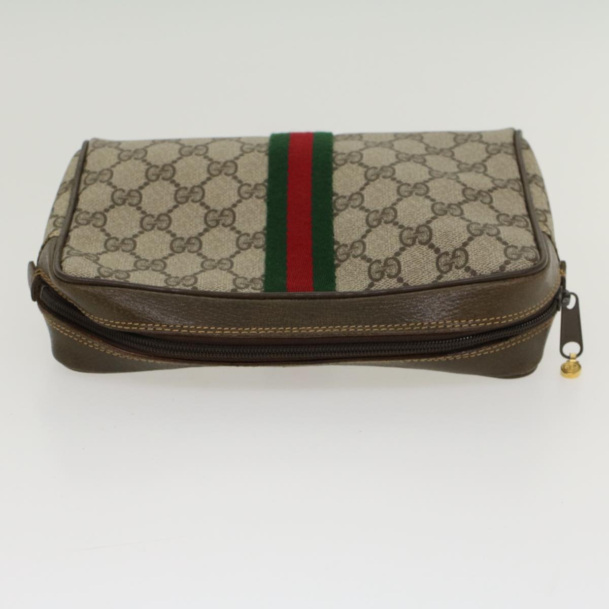 GUCCI GG Canvas Web Sherry Line Clutch Bag PVC Leather Beige Red Auth ep886