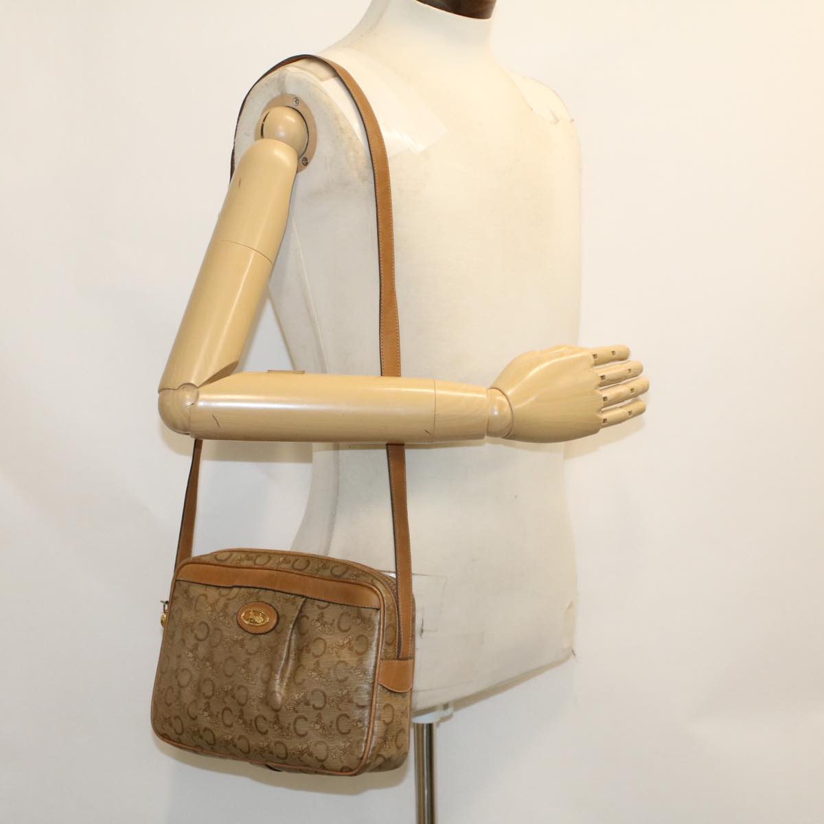 CELINE C Macadam Canvas Shoulder Bag Beige Auth ep906