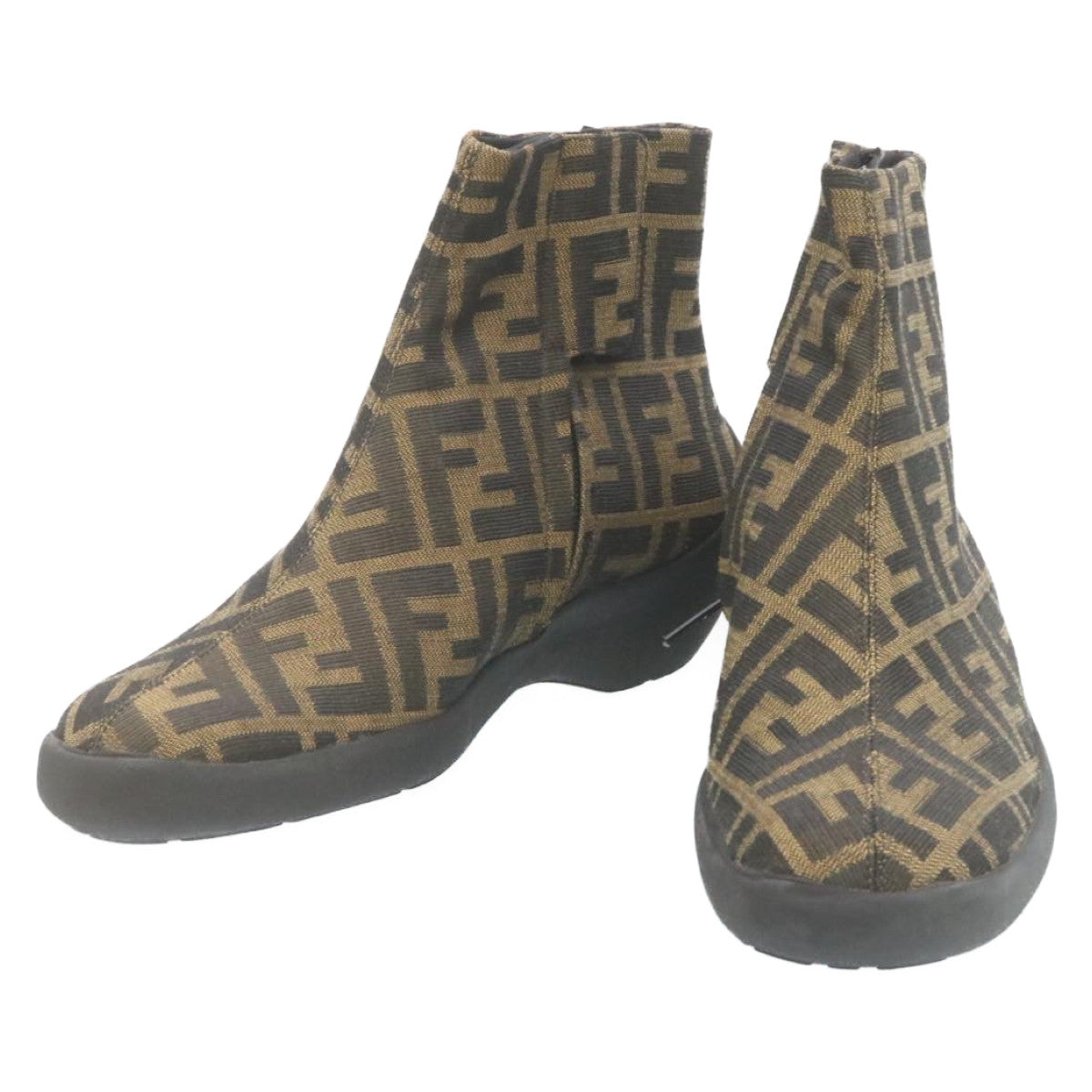 FENDI Short boots Zucca Canvas Black Brown Auth fm1115