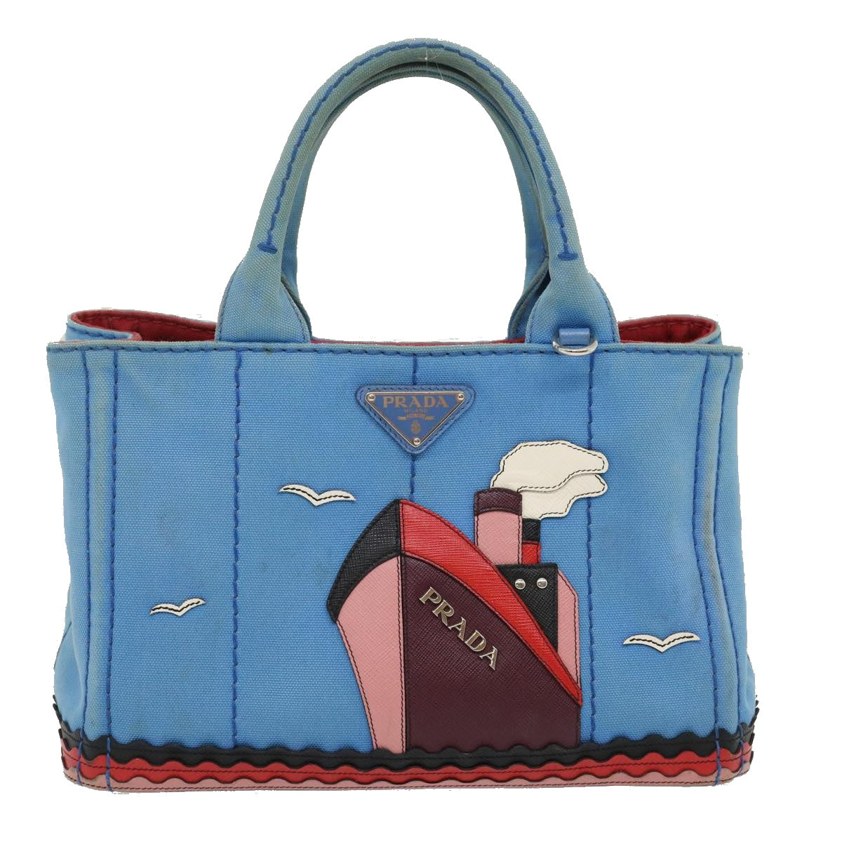 PRADA Canapa PM Hand Bag 2Way Shoulder Bag Canvas Blue Red Auth fm1315