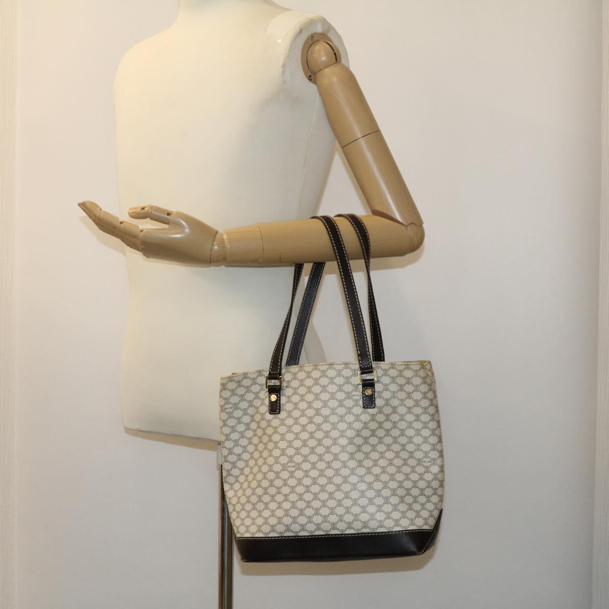 CELINE Macadam Canvas Tote Bag PVC Leather White Auth fm1320