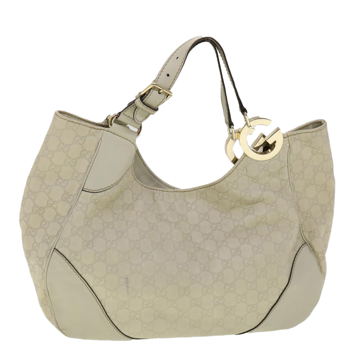 GUCCI GG Canvas Tote Bag Leather White Auth fm1564