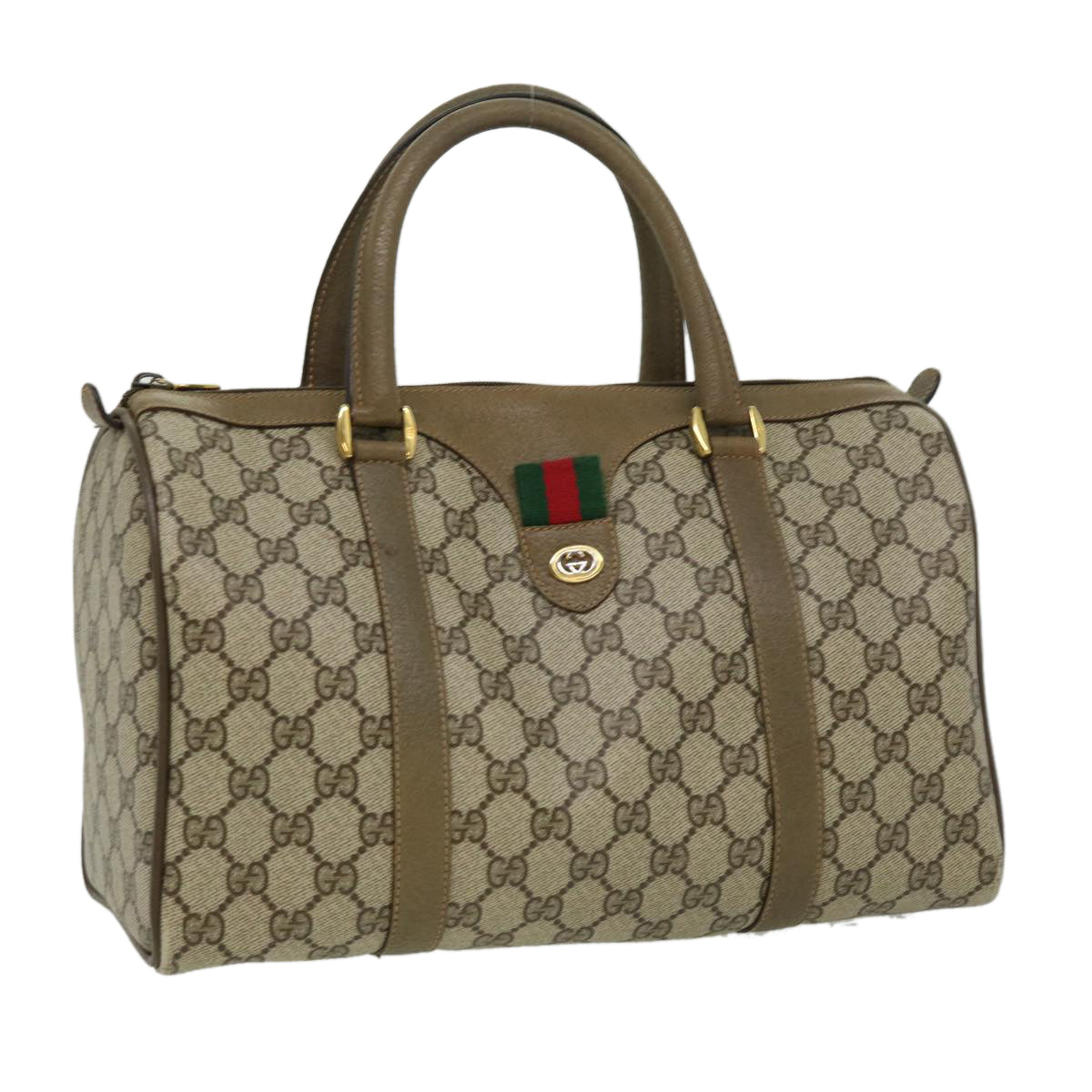 GUCCI Web Sherry Line GG Canvas Boston Bag PVC Leather Beige Green Auth fm1775