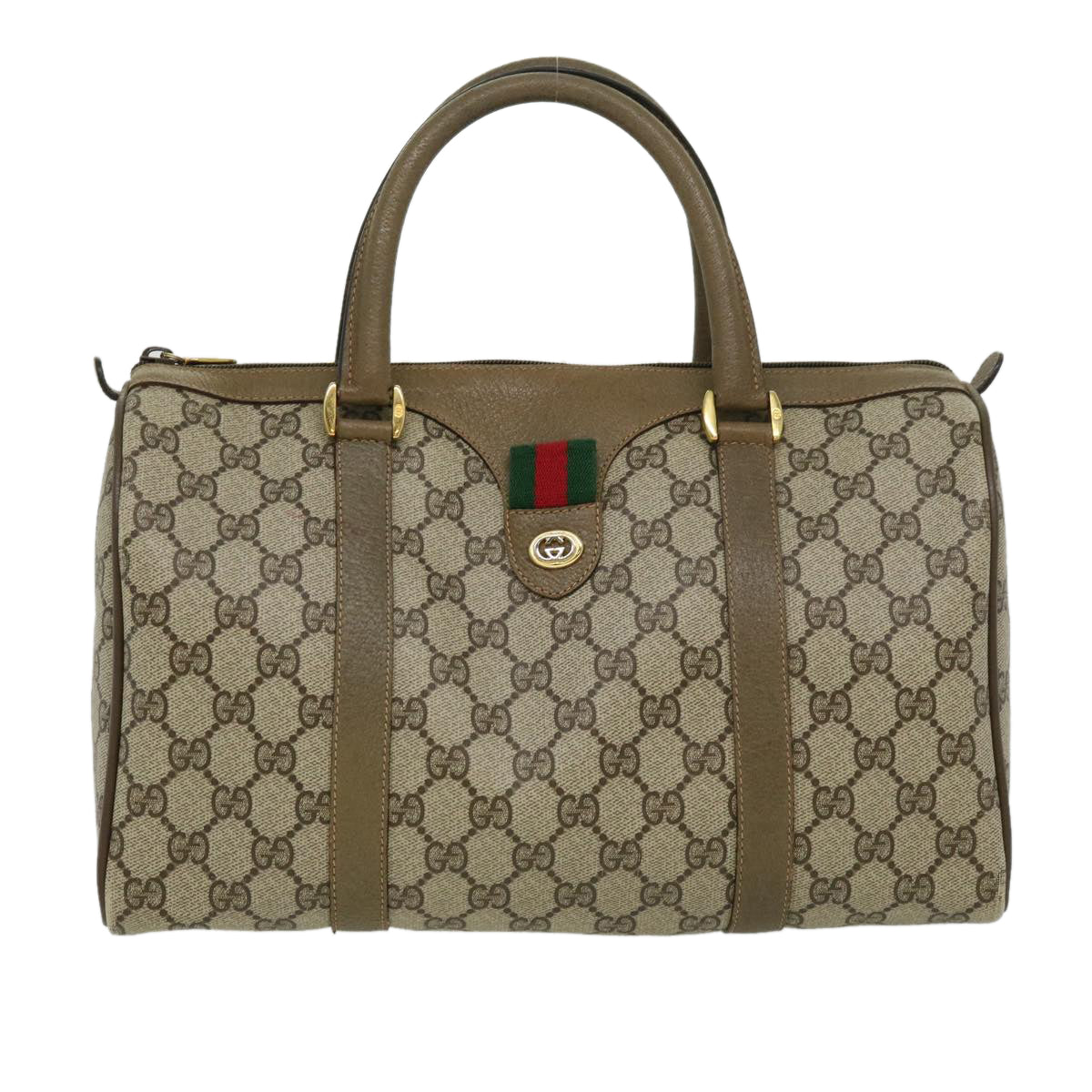 GUCCI Web Sherry Line GG Canvas Boston Bag PVC Leather Beige Green Auth fm1775