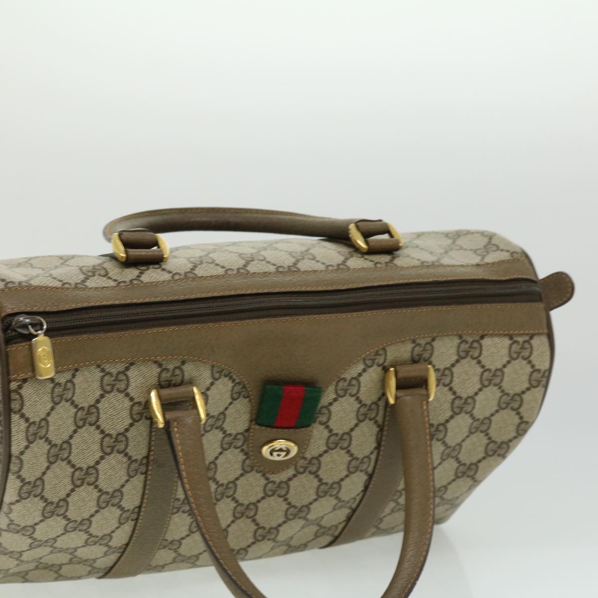 GUCCI Web Sherry Line GG Canvas Boston Bag PVC Leather Beige Green Auth fm1775