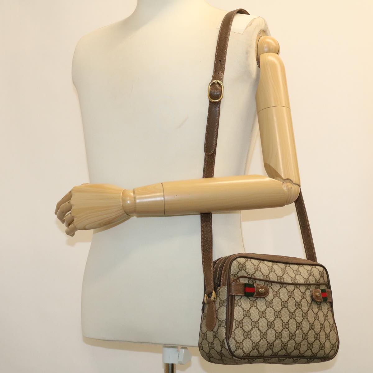 GUCCI GG Canvas Web Sherry Line Shoulder Bag Beige Red Green Auth fm2200