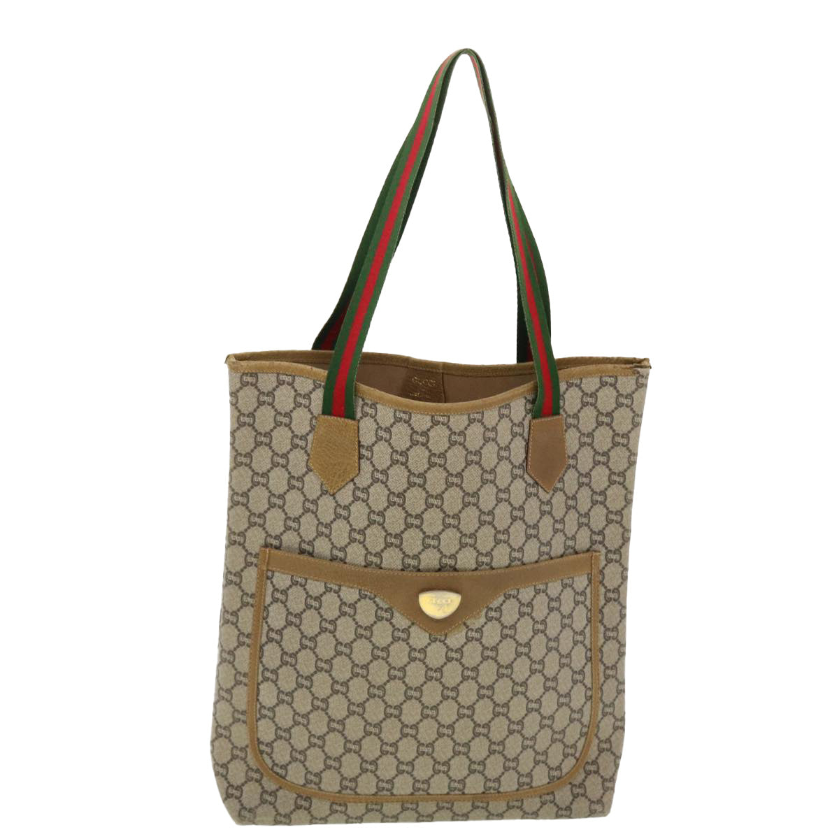 GUCCI GG Plus Canvas Web Sherry Line Tote Bag Beige Red Green Auth fm2209