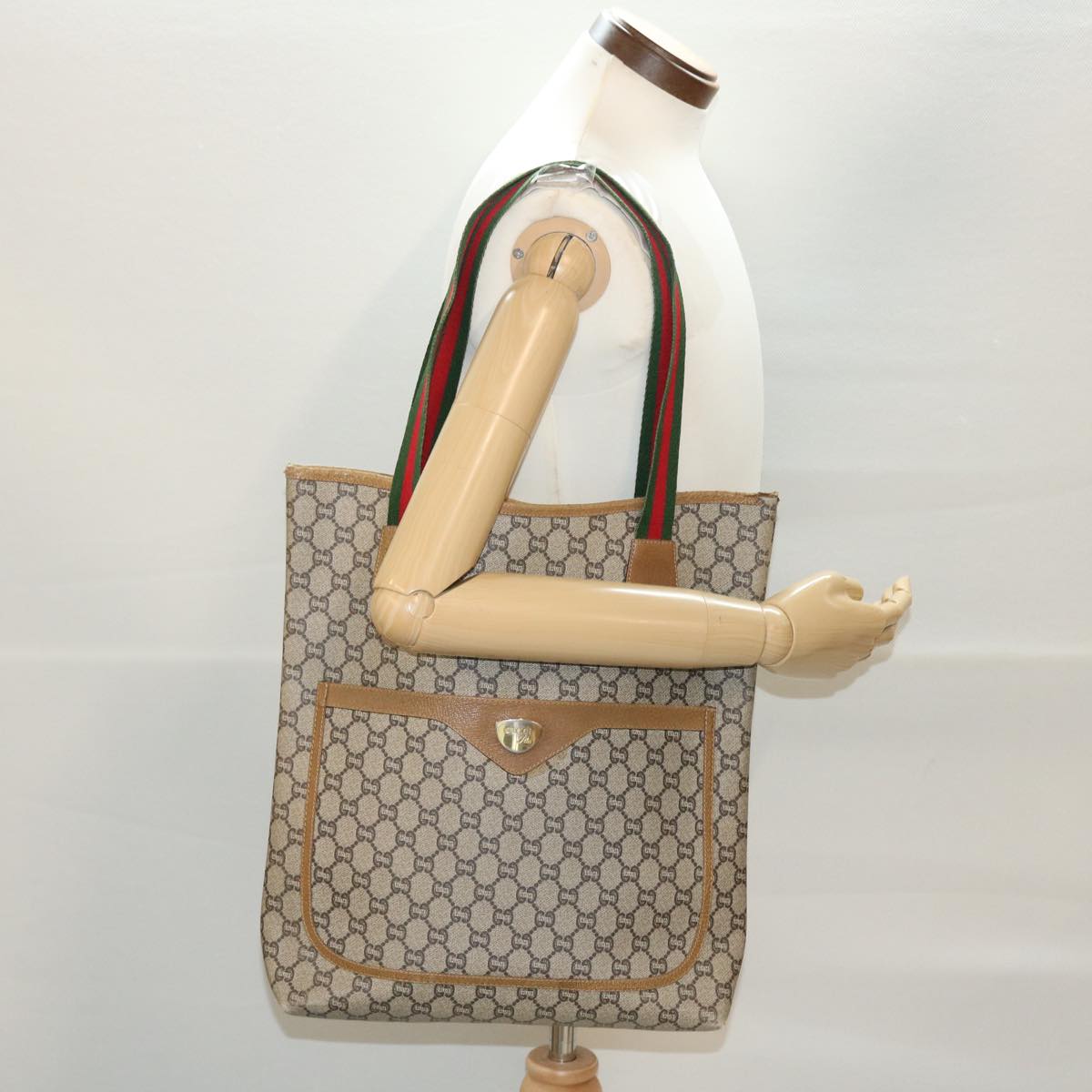 GUCCI GG Plus Canvas Web Sherry Line Tote Bag Beige Red Green Auth fm2209