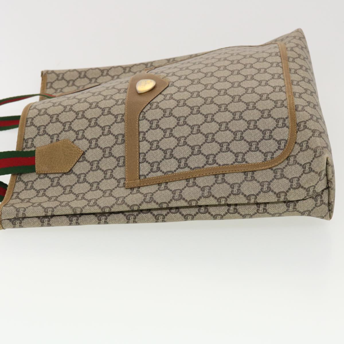 GUCCI GG Plus Canvas Web Sherry Line Tote Bag Beige Red Green Auth fm2209