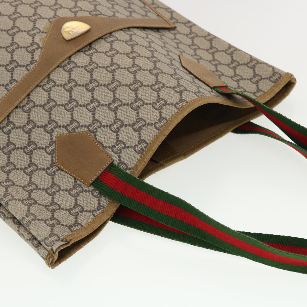 GUCCI GG Plus Canvas Web Sherry Line Tote Bag Beige Red Green Auth fm2209