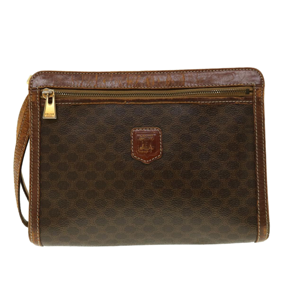 CELINE Macadam Canvas Clutch Bag PVC Leather 2Set Brown Auth fm2235 - 0