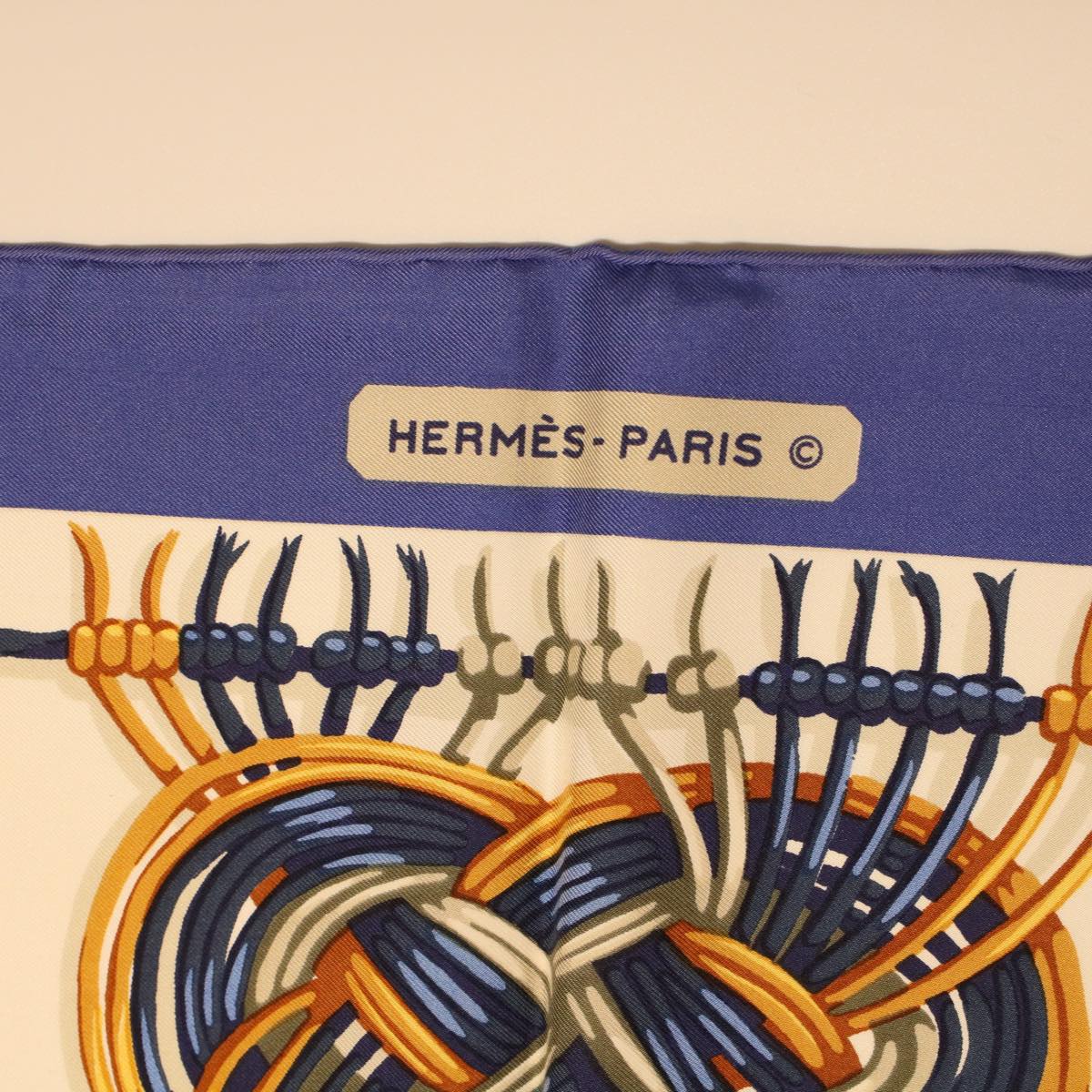HERMES Carre 90 Scarf ”MACRAME"" Silk Blue Auth fm2308