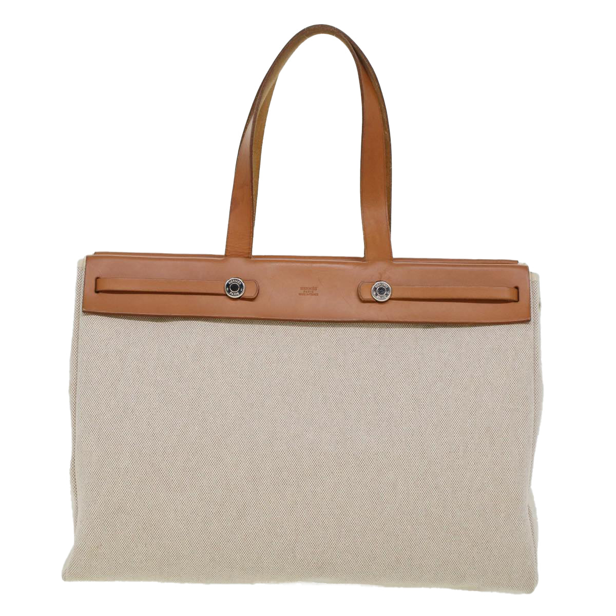 HERMES Her Bag Cabus GM Tote Bag Canvas Leather Beige Auth fm2384 - 0