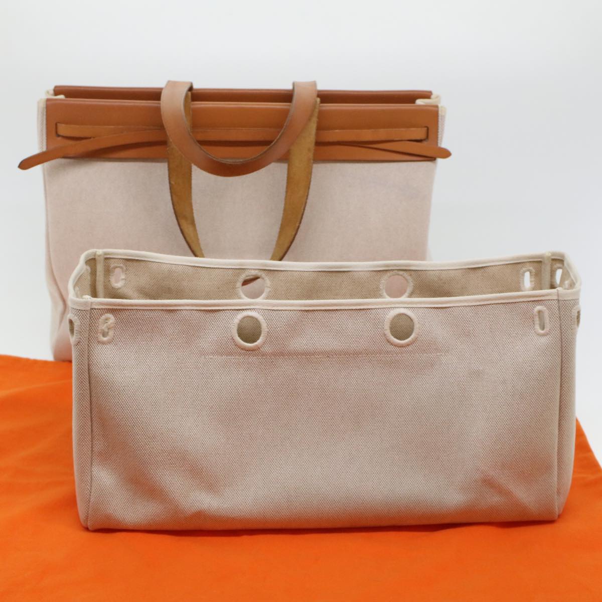HERMES Her Bag Cabus GM Tote Bag Canvas Leather Beige Auth fm2384