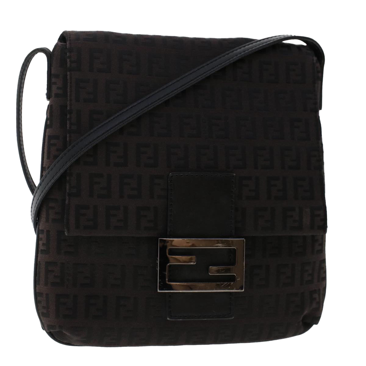 FENDI Zucchino Canvas Shoulder Bag Dark Brown Auth fm2601