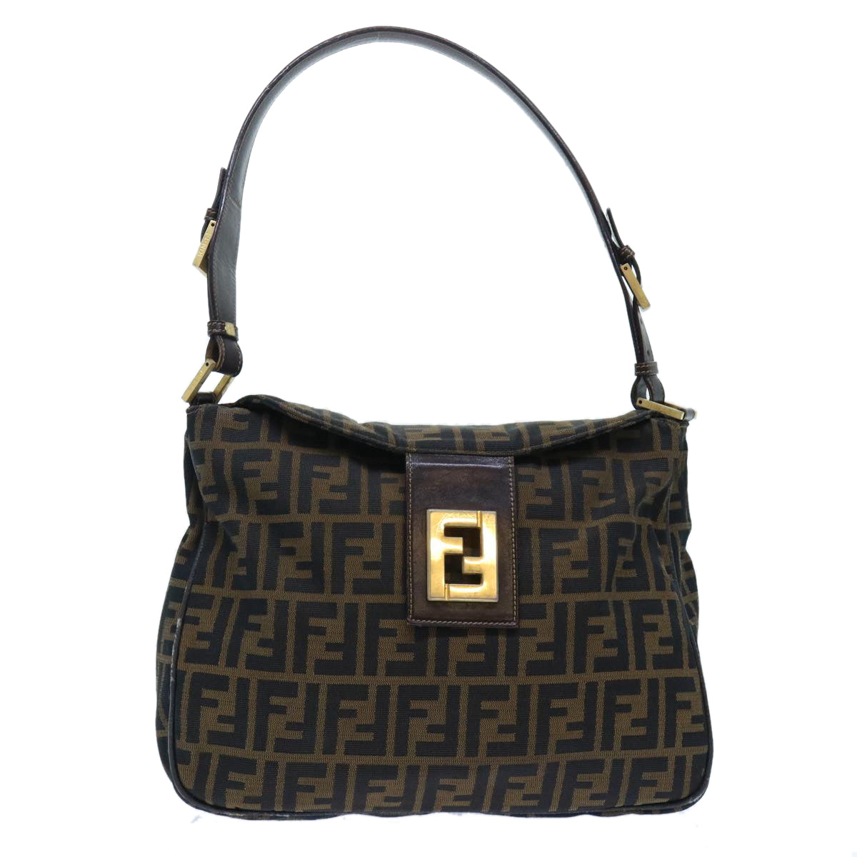 FENDI Zucca Canvas Shoulder Bag Leather Black Brown Auth fm2602