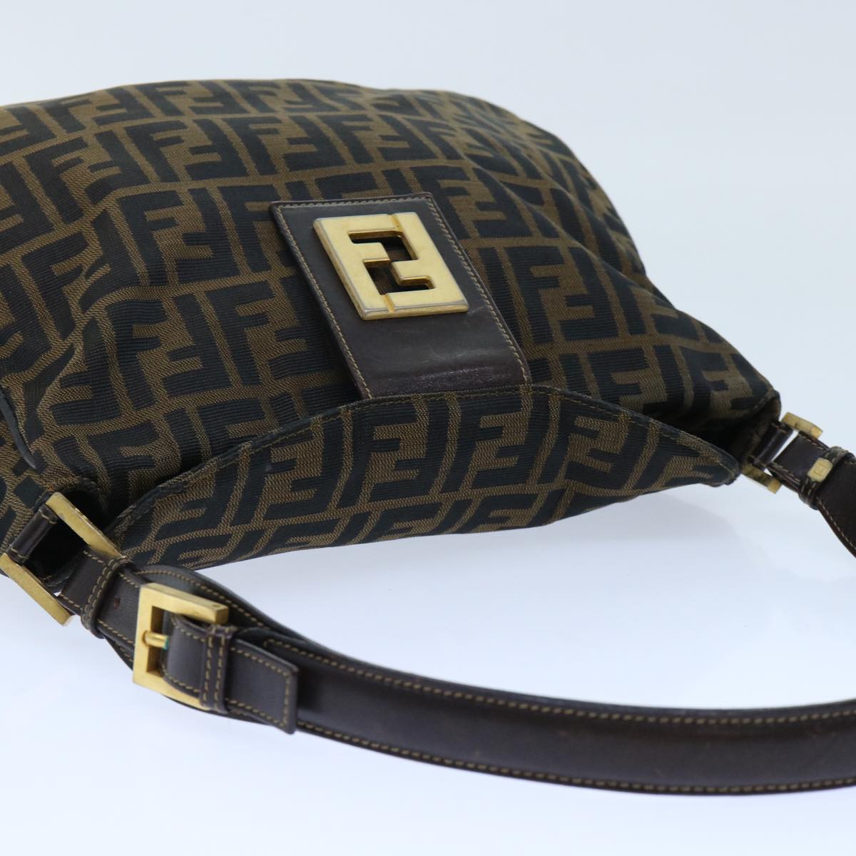 FENDI Zucca Canvas Shoulder Bag Leather Black Brown Auth fm2602