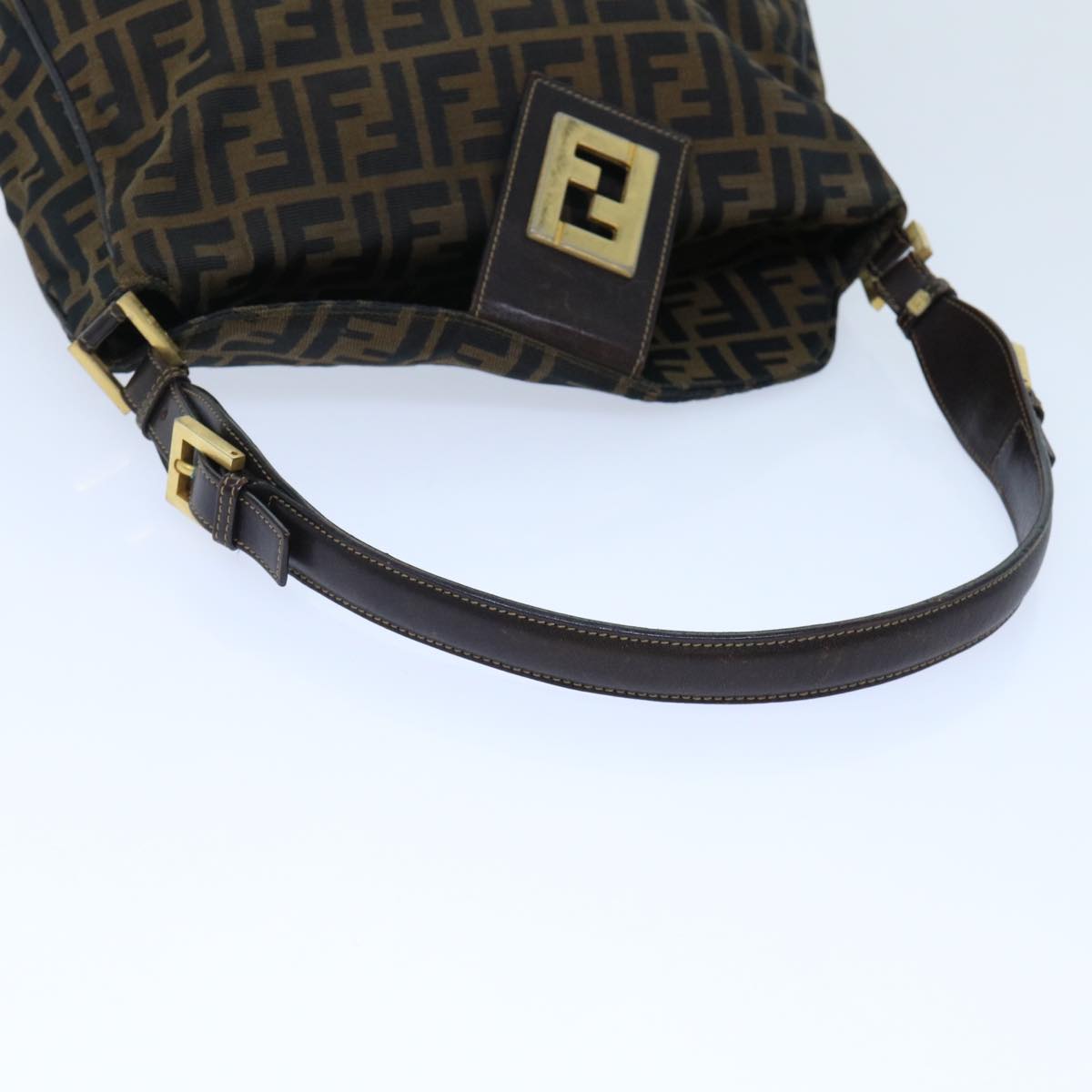 FENDI Zucca Canvas Shoulder Bag Leather Black Brown Auth fm2602