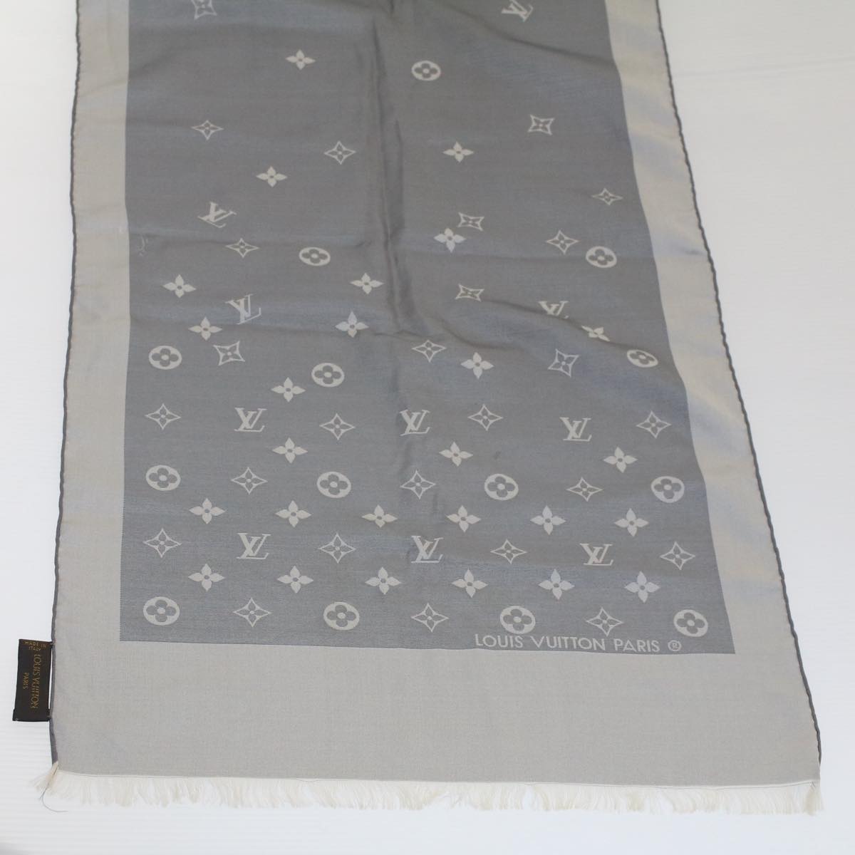 LOUIS VUITTON Monogram Scarf Silk Silver Gray LV Auth fm2650