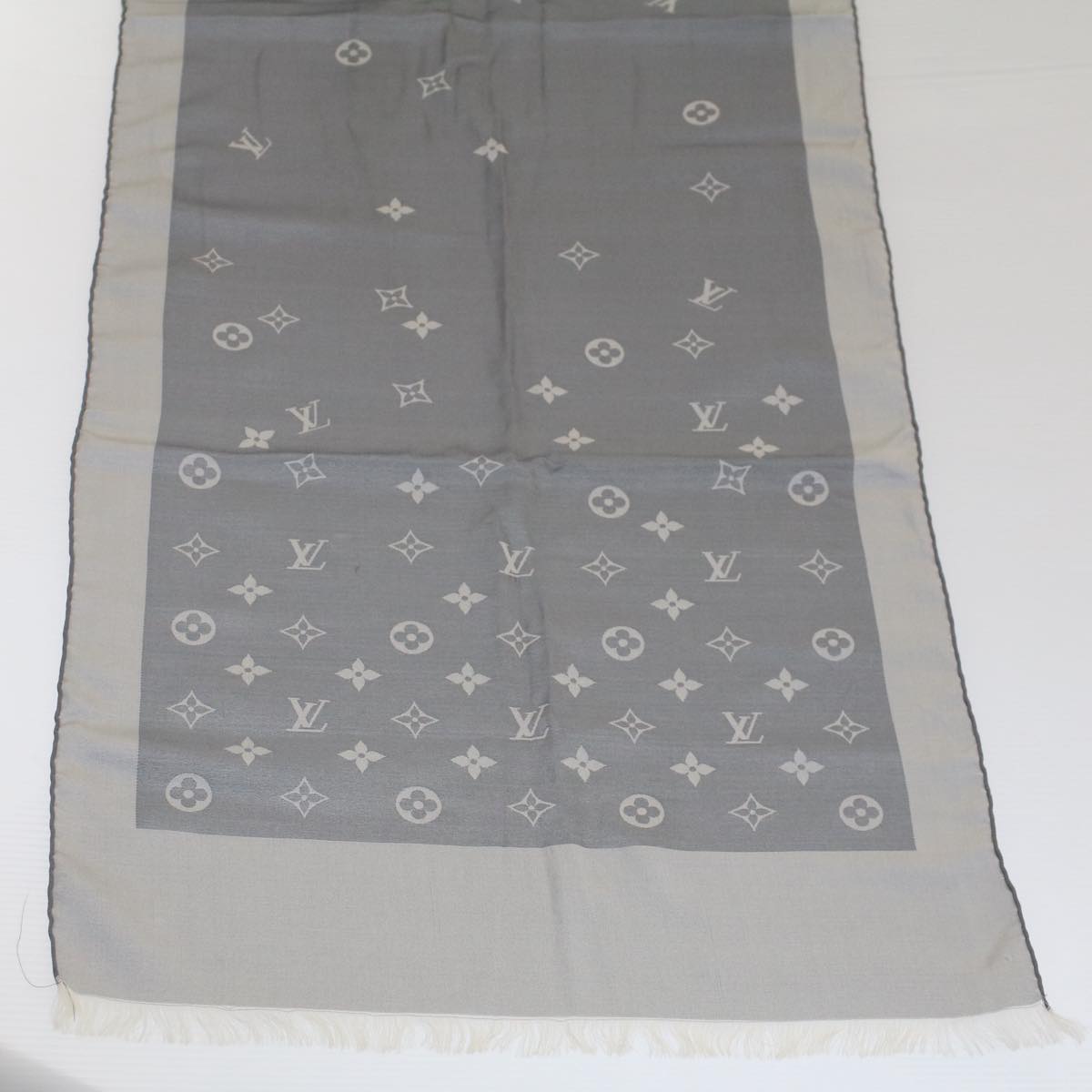 LOUIS VUITTON Monogram Scarf Silk Silver Gray LV Auth fm2650