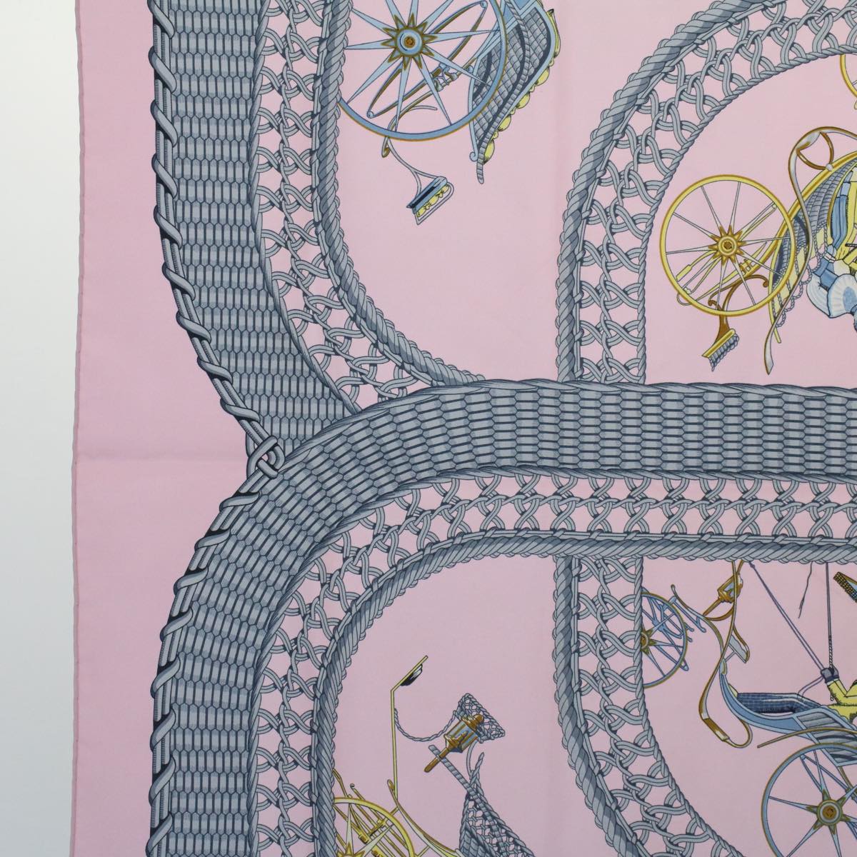 HERMES Carre 90 VOITURES PANIERS Scarf Silk Pink Auth fm2651