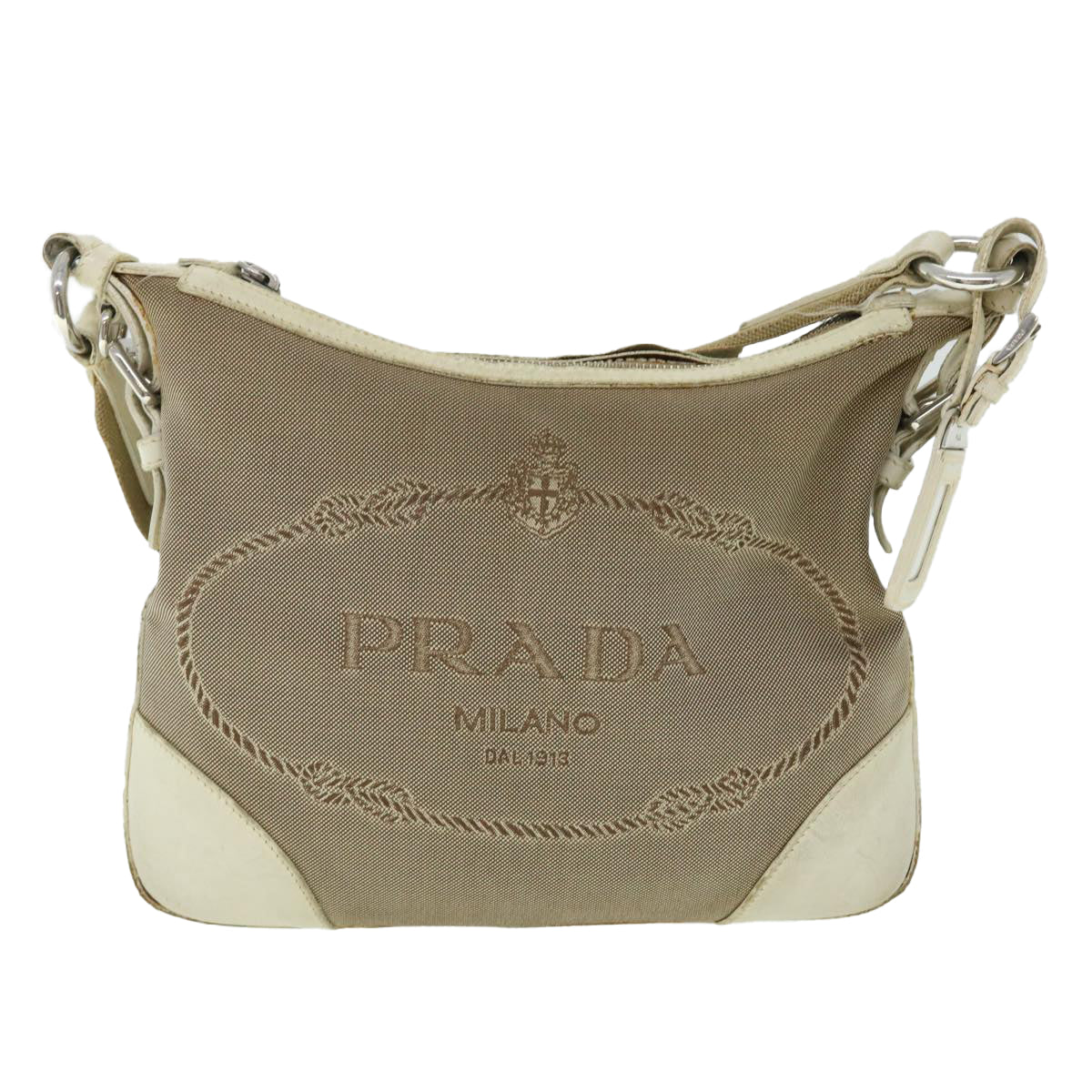 PRADA Shoulder Bag Canvas Leather Beige Auth fm2733