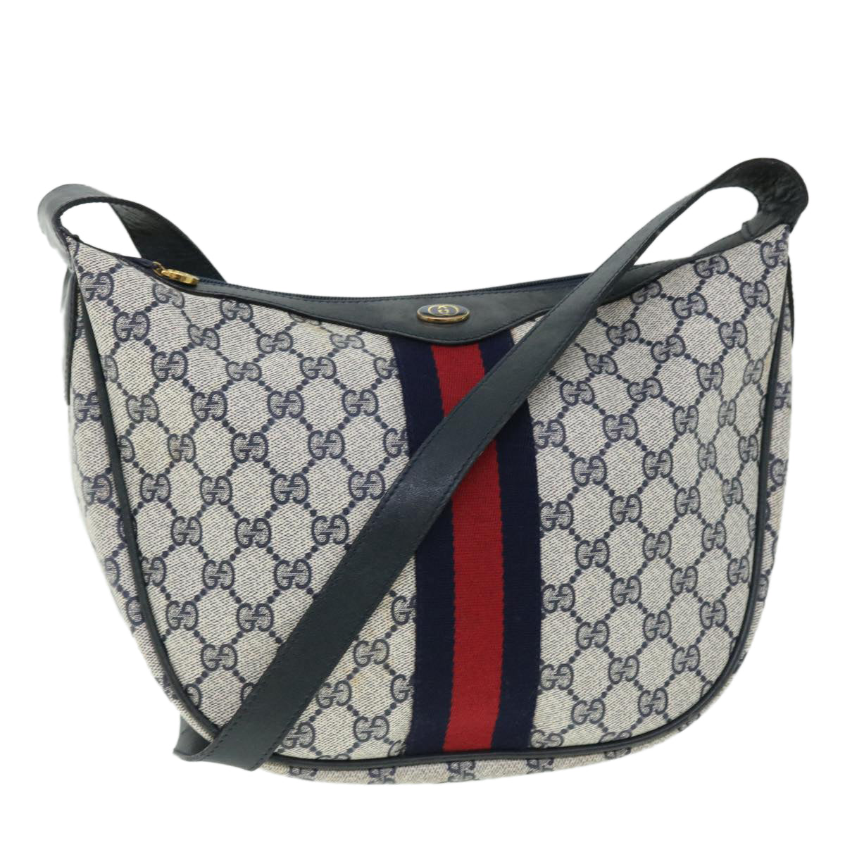 GUCCI GG Canvas Sherry Line Shoulder Bag PVC Leather Gray Navy Red Auth fm2737