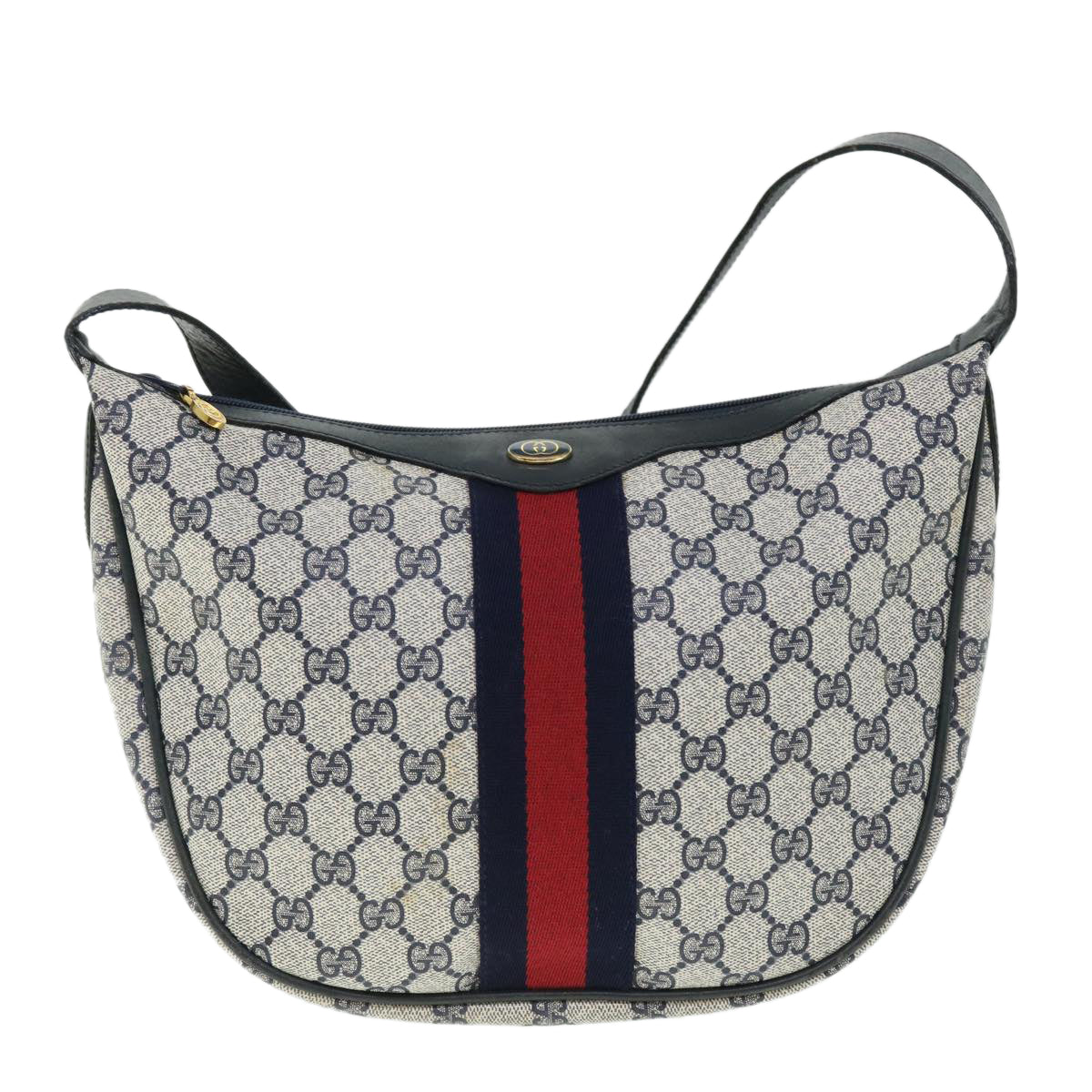 GUCCI GG Canvas Sherry Line Shoulder Bag PVC Leather Gray Navy Red Auth fm2737